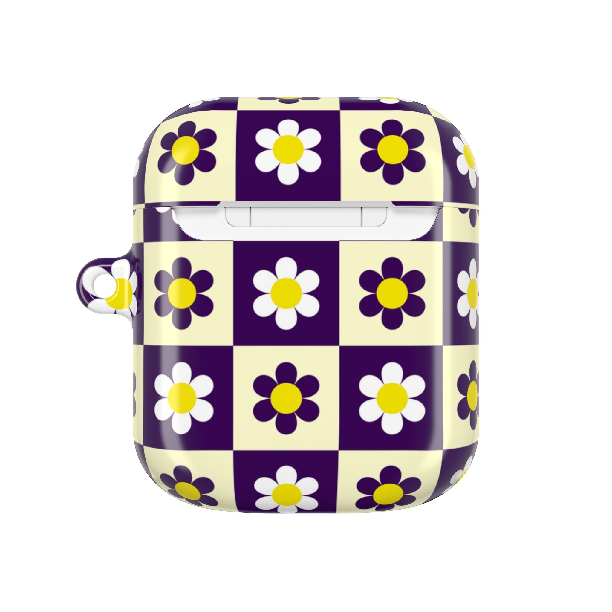 Vibrant floral-patterned AirPods case cover featuring a checkered design with white, yellow, and purple daisy flowers, adding a playful and colorful touch to your tech accessories.