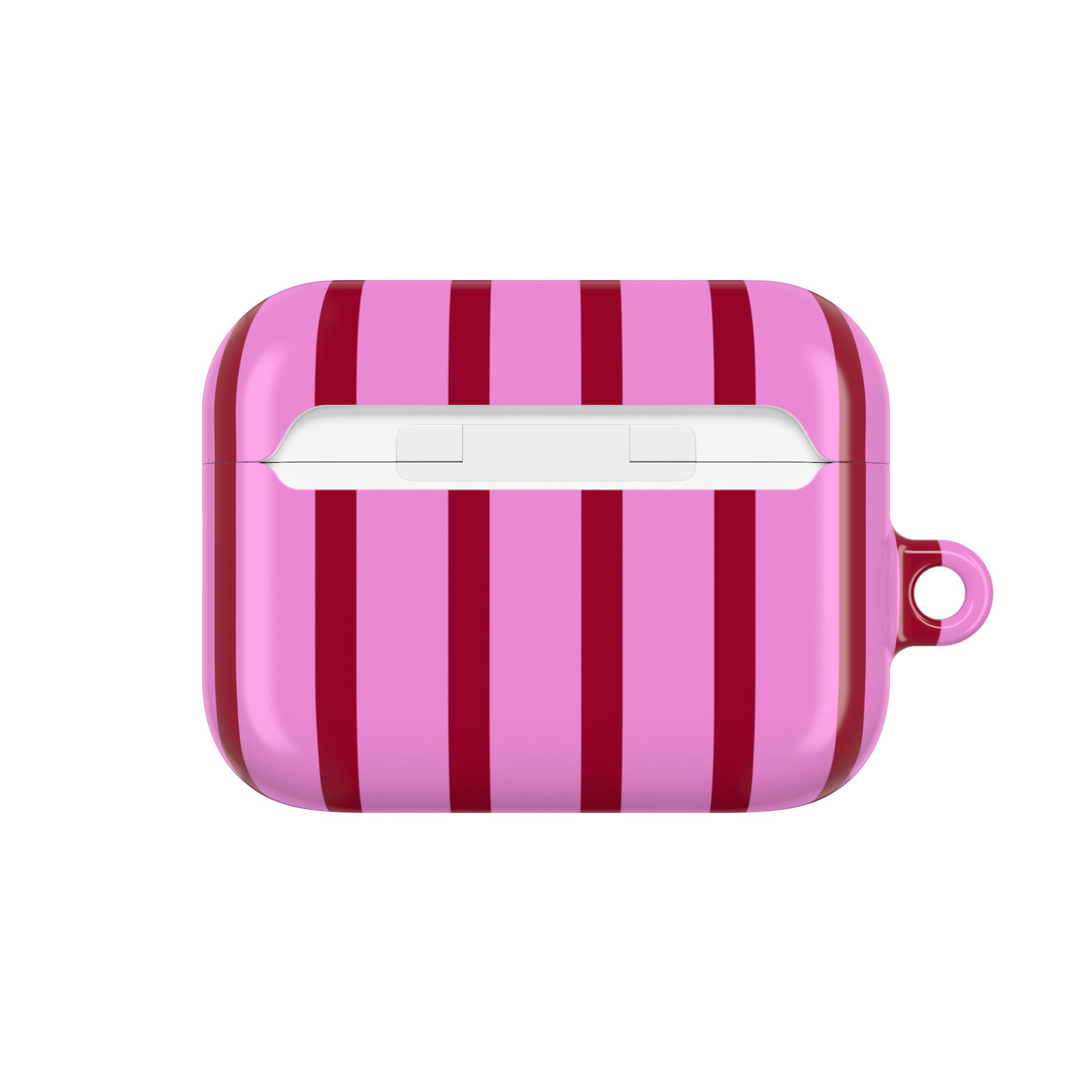 Bright pink and red striped AirPods case with loop attachment, stylish and protective for Apple wireless earbuds. Perfect for fashion-forward tech accessories and keeping your AirPods safe.