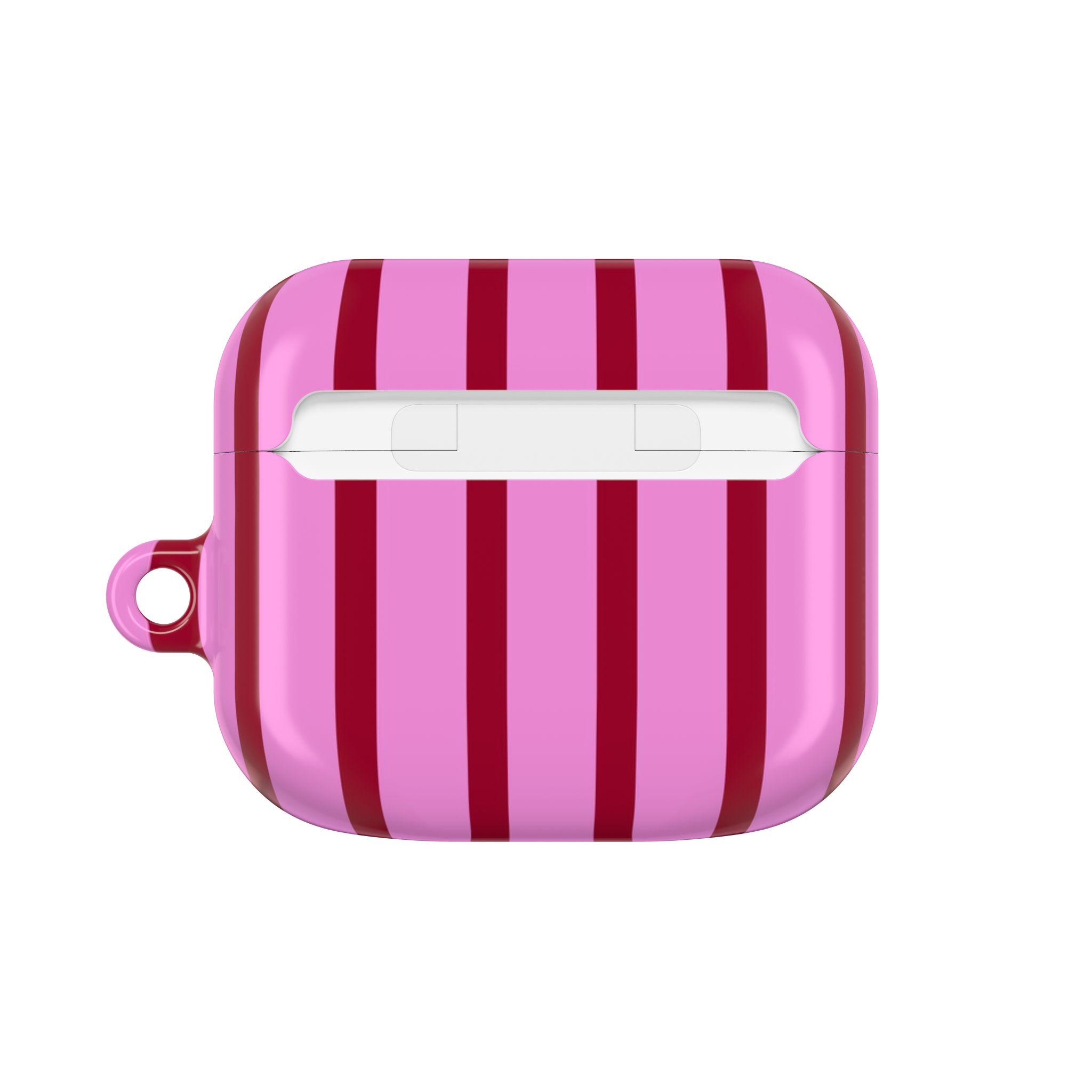 Vibrant pink and red striped protective case for AirPods, featuring a fun and fashionable design; perfect for adding style to your wireless earbuds.