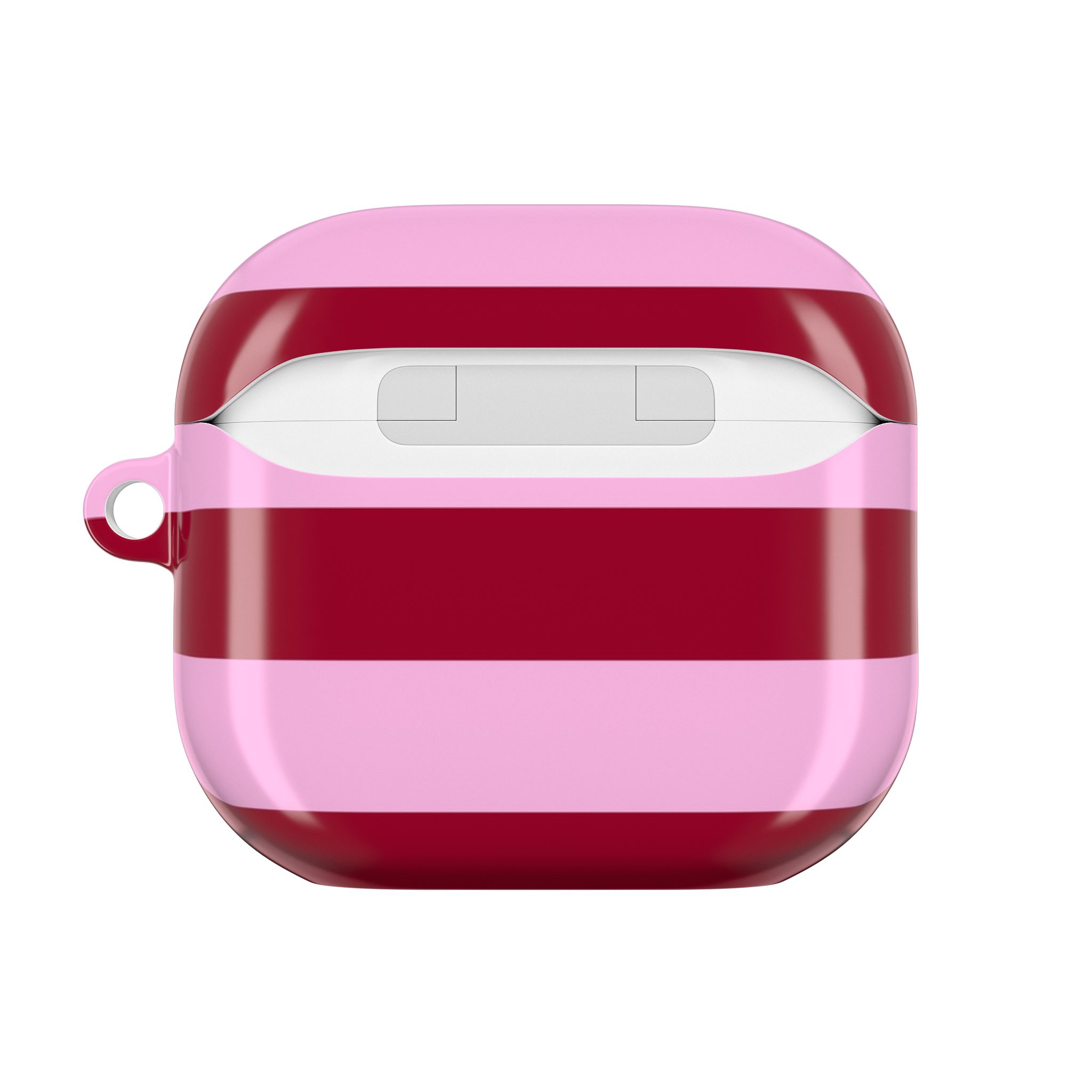 Bright pink and red striped AirPods case with a glossy finish, featuring a small hole for attaching a keychain or strap, designed to protect wireless earbuds.