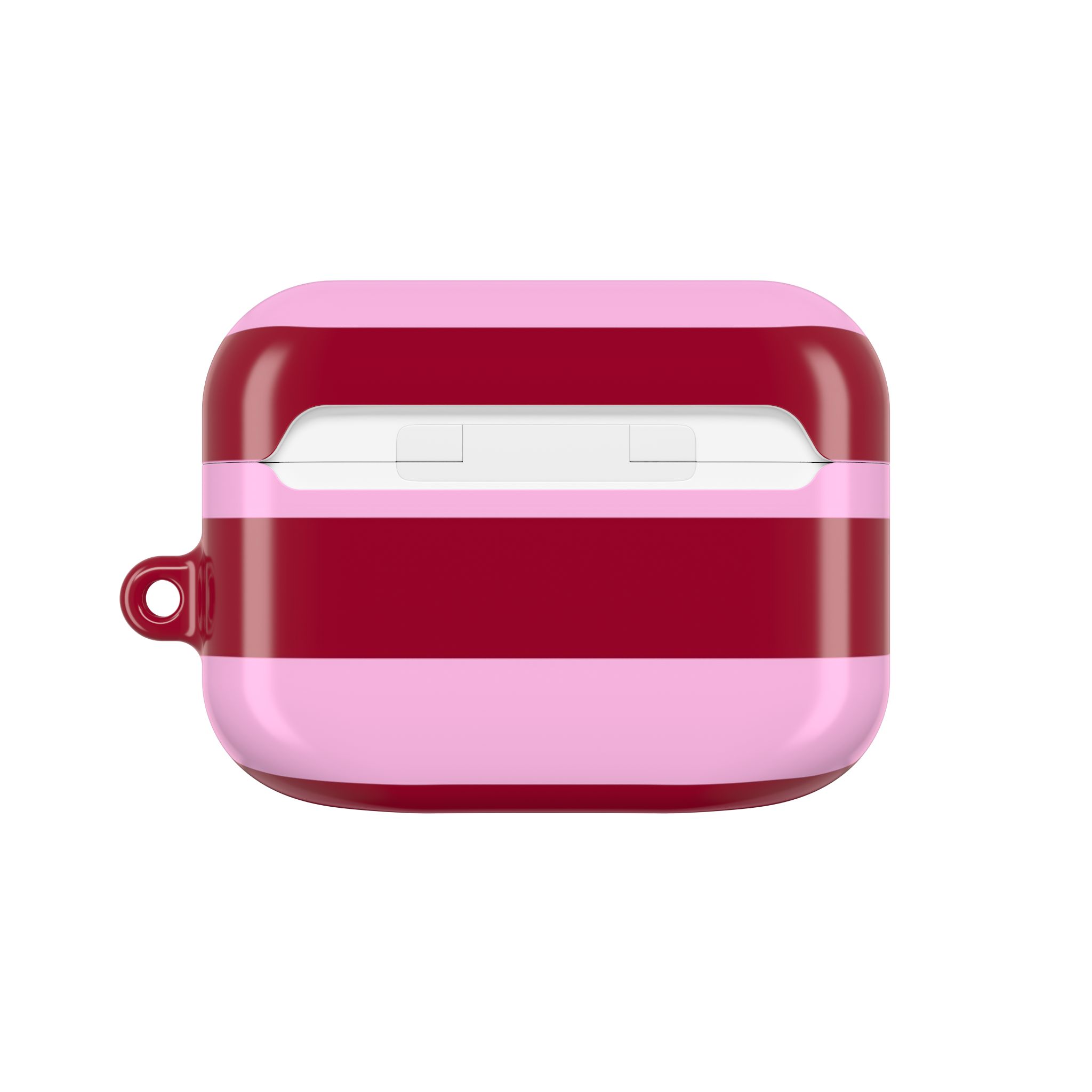 Pink and red-colored AirPods case with a stylish, modern design and a small loop for attaching accessories, perfect for protecting and personalizing your wireless earbuds.