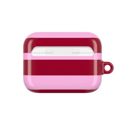Vibrant pink and red striped AirPods case with a loop, designed for Apple AirPods, showcasing a stylish protective accessory to personalize and safeguard your wireless earbuds.