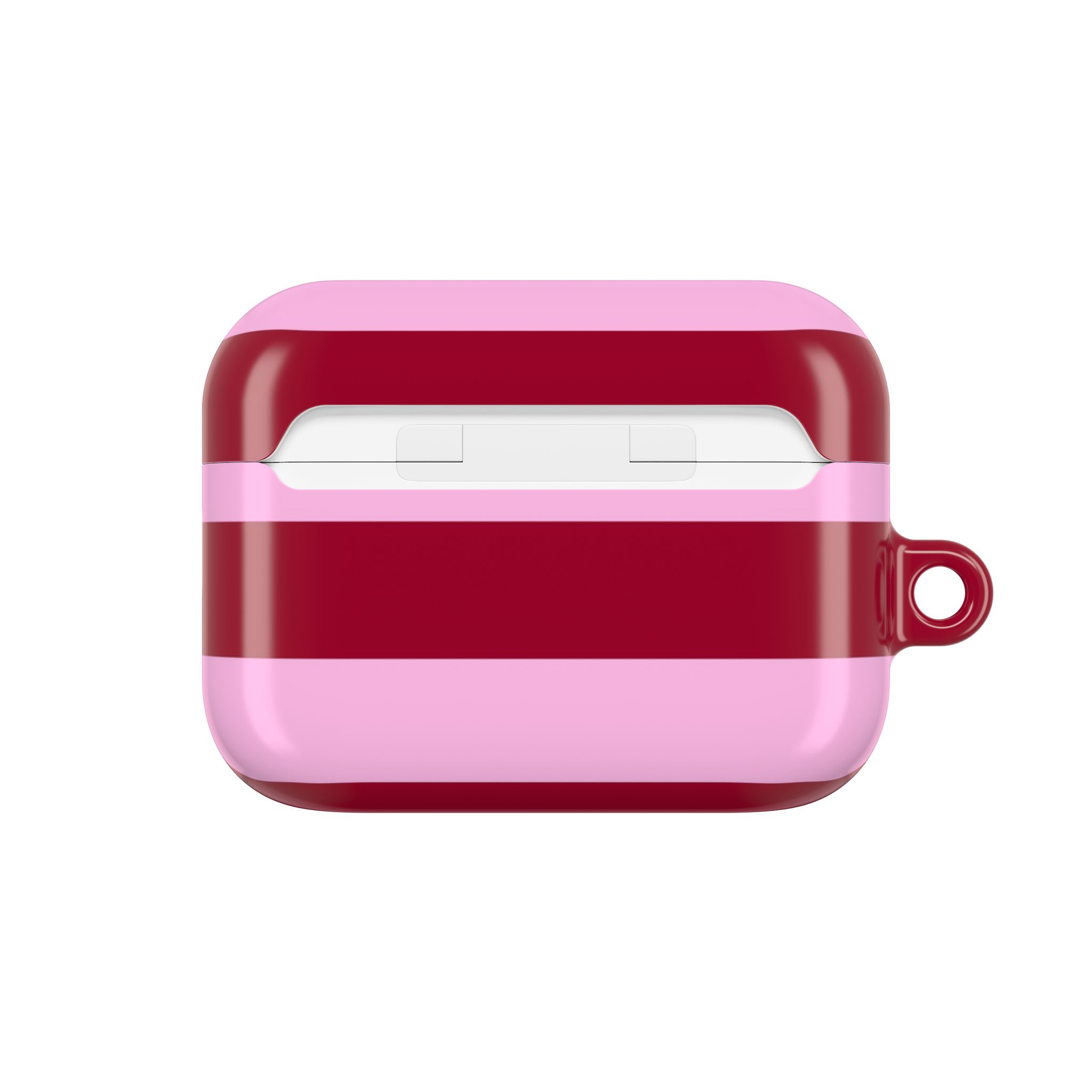 Vibrant pink and red striped AirPods case with a loop, designed for Apple AirPods, showcasing a stylish protective accessory to personalize and safeguard your wireless earbuds.