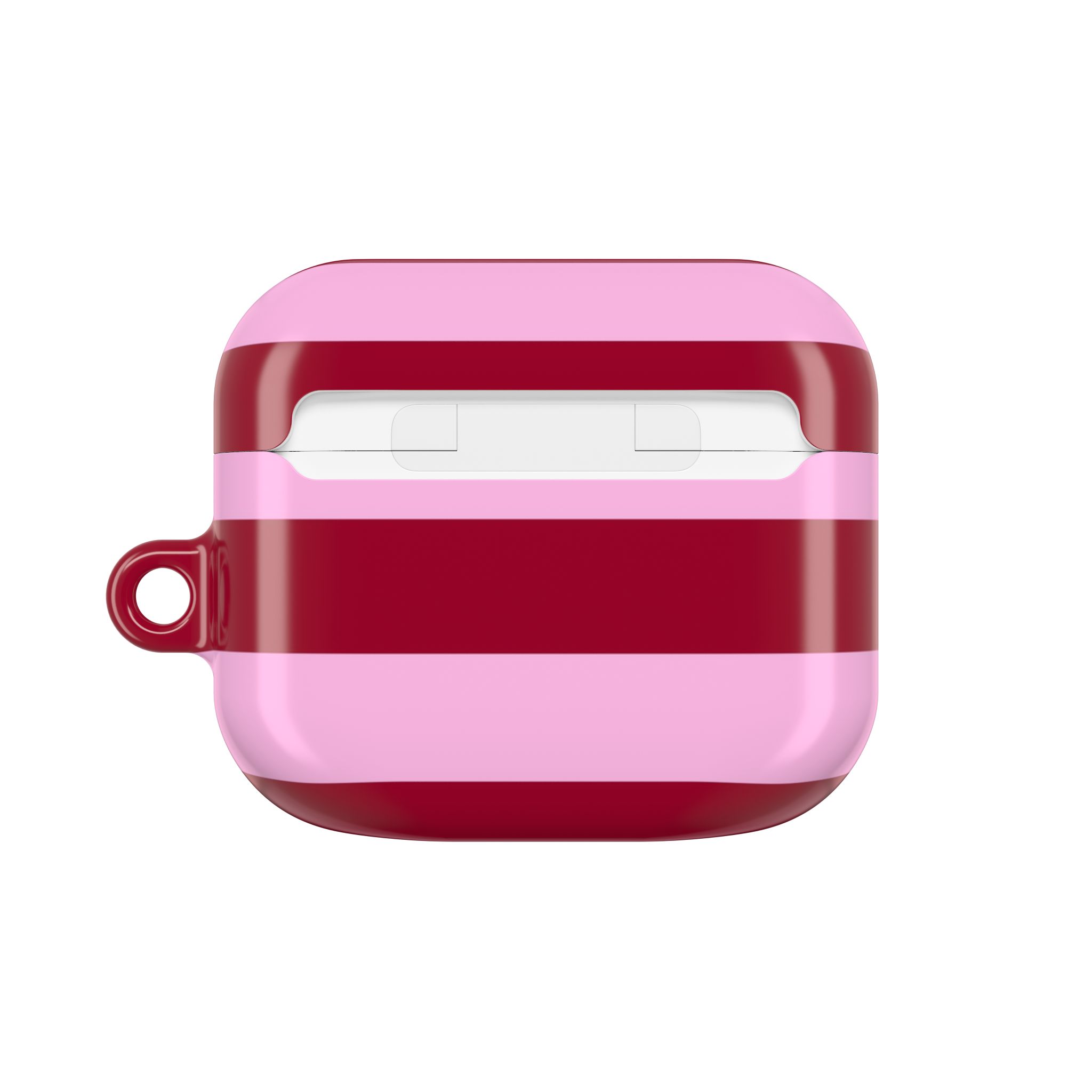 Elegant pink and red striped AirPods case with a keyring attachment, designed for stylish protection and convenience. Perfect for fans of vibrant accessories and Apple device customization.