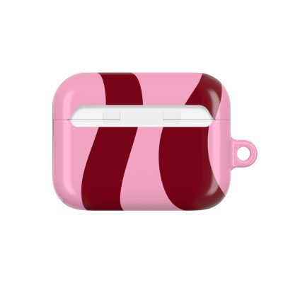 Vape case with pink background and dark red stripes, stylish protective cover for AirPods, trendy accessory, cute floral design, durable material, perfect for storing wireless earbuds.