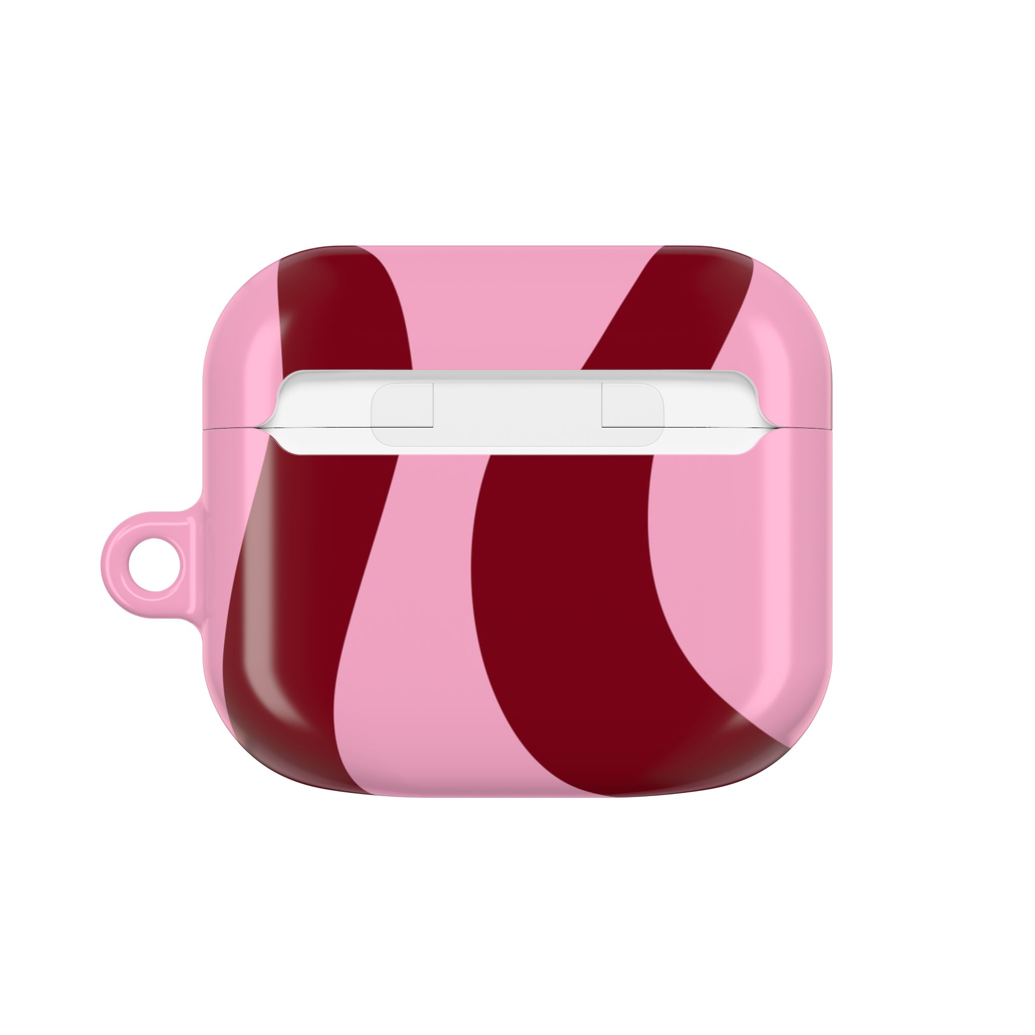 Vibrant pink AirPods case with bold red wavy stripe design, stylish and protective accessory for Apple wireless earbuds. Perfect for expressing personality and safeguarding your AirPods.
