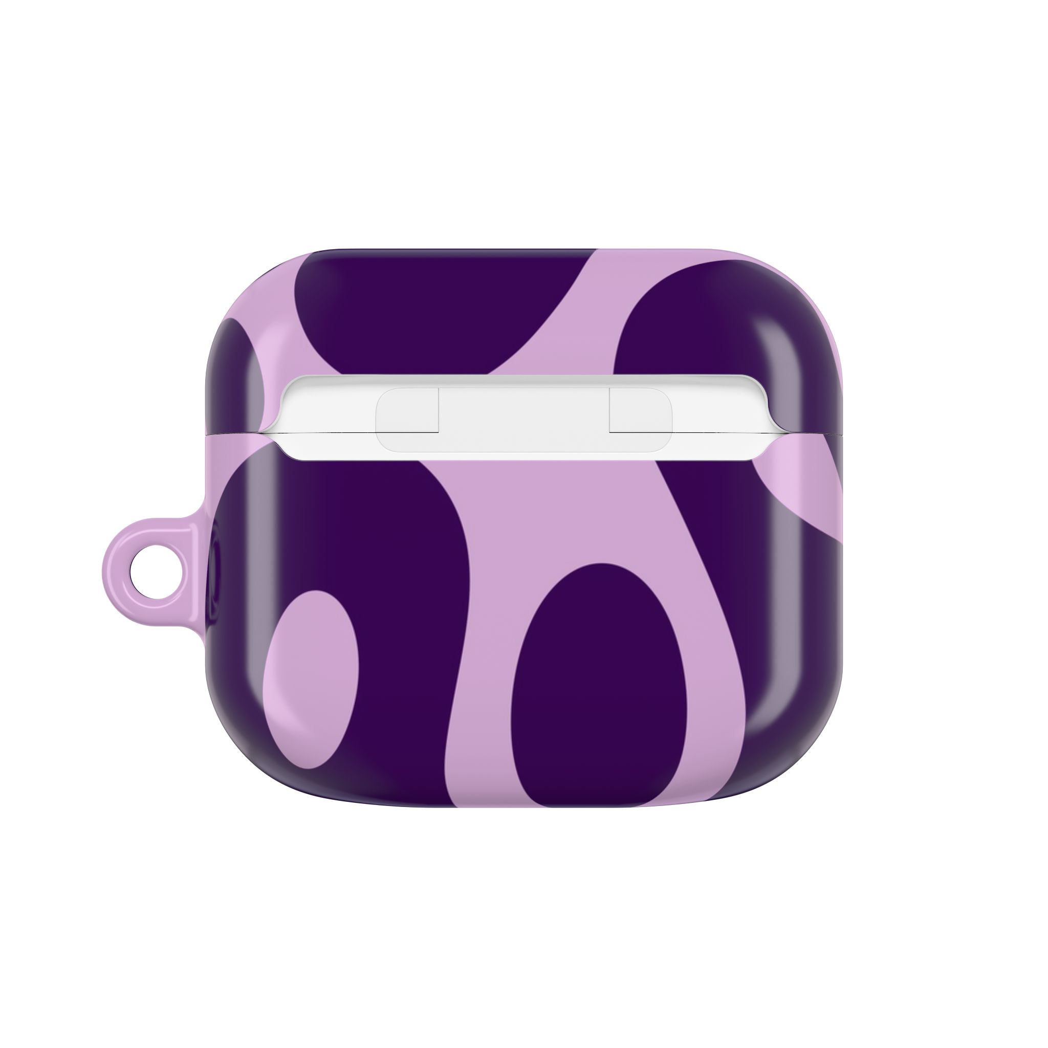 Violet and purple floral patterned AirPods case with a matching keyring, designed for stylish protection of wireless earbuds.