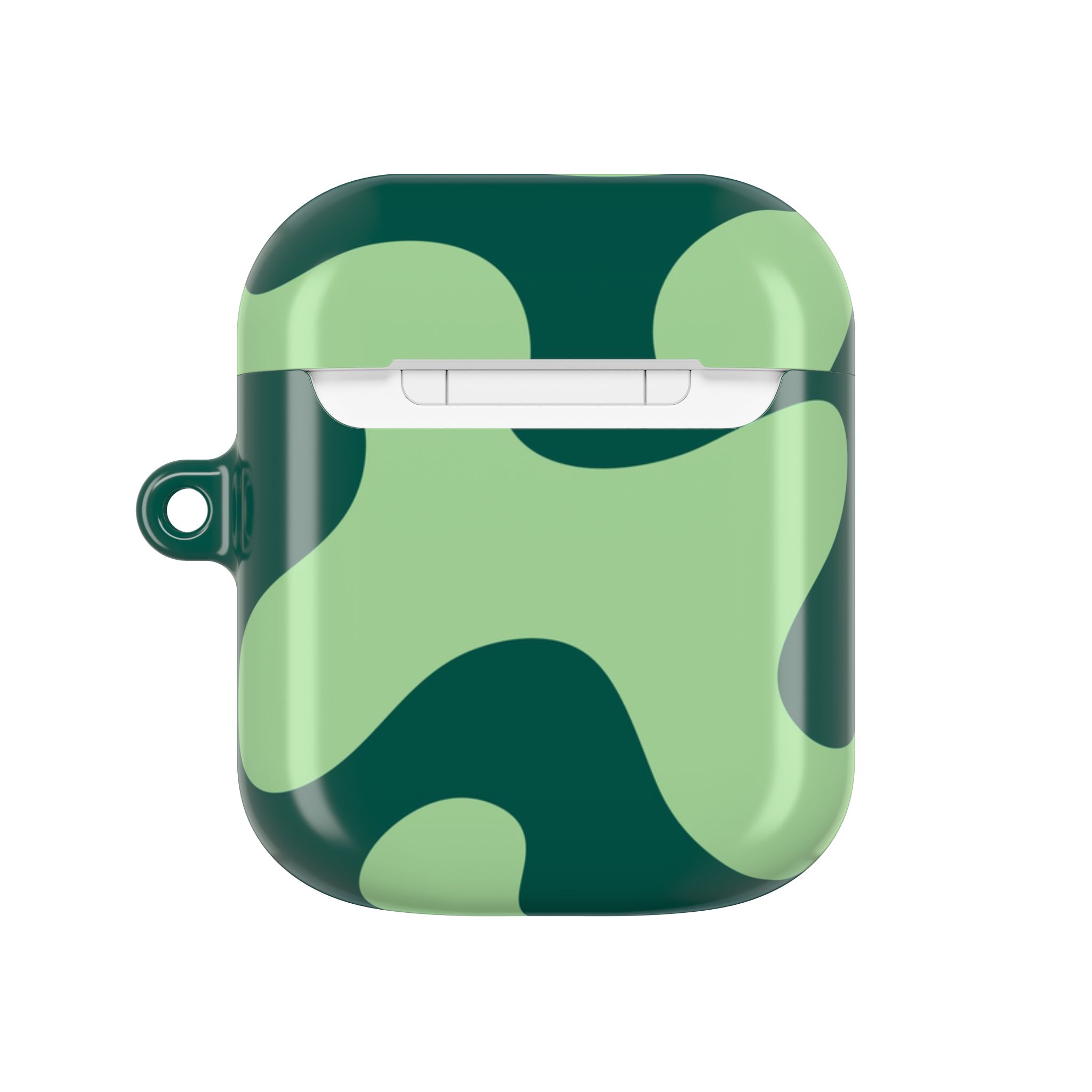 Vibrant camouflage-patterned AirPods case featuring shades of green and black, offering stylish protection and a modern look for your wireless earbuds.