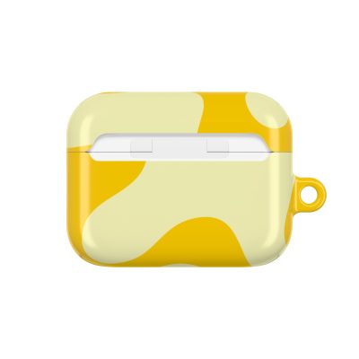 Yellow and white abstract patterned AirPods case cover with a loop, designed for stylish protection and easy attachment.