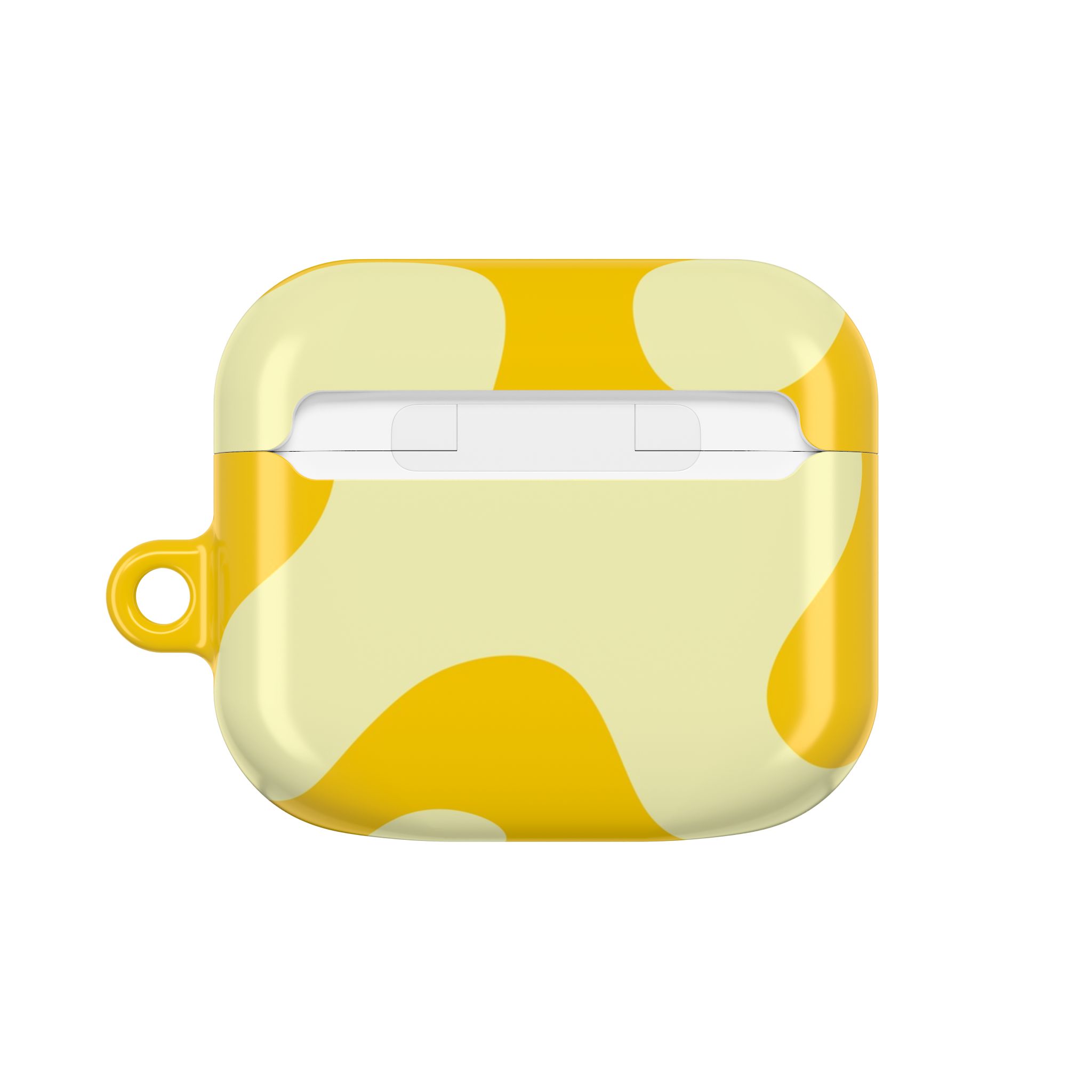 Vibrant yellow and white camo-patterned AirPods case with a small loop attachment for easy carrying or accessorizing. Perfect for adding a stylish, playful touch to your tech accessories.