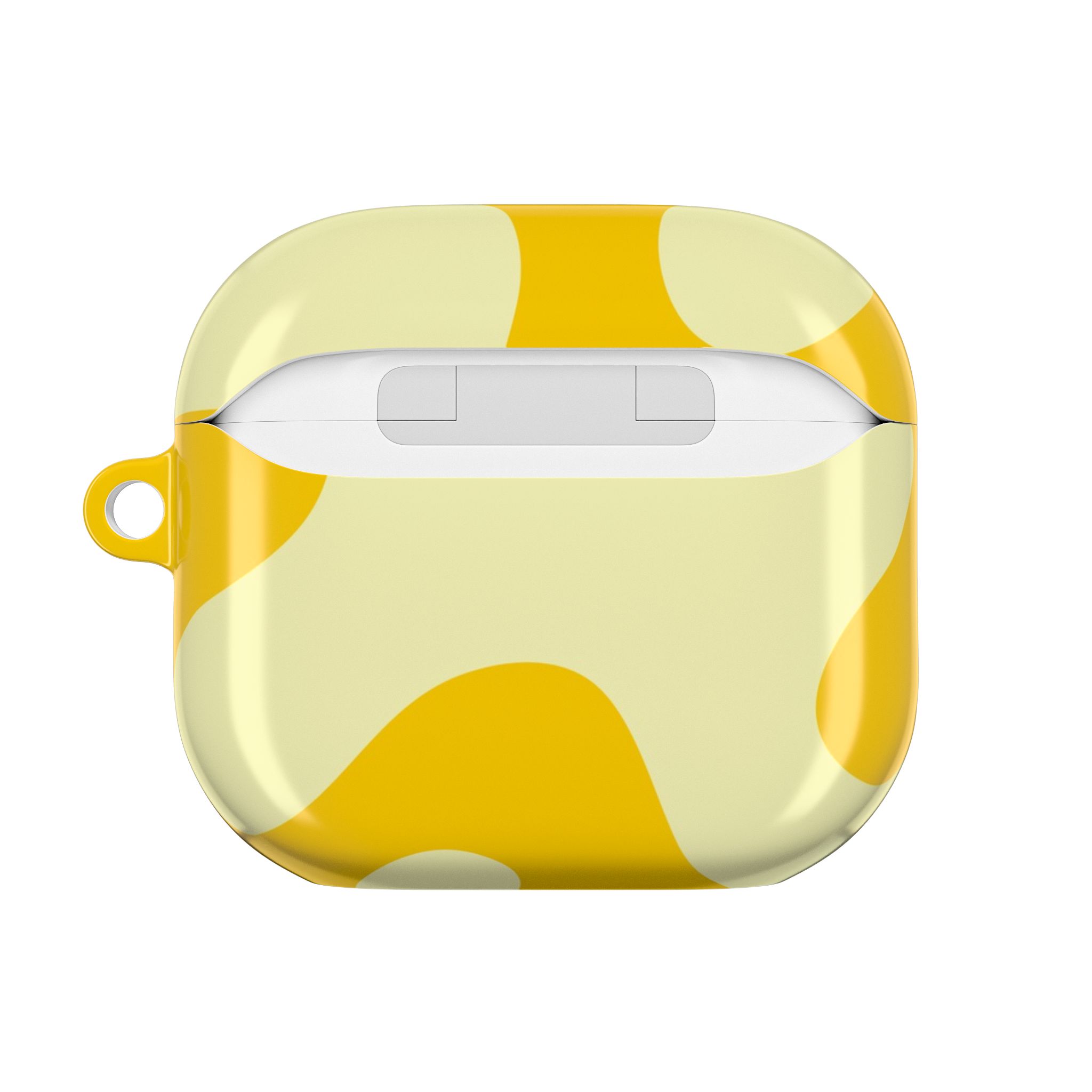 Vibrant yellow and white patterned AirPods case with a small loop for attachment, designed for stylish protection and personalized flair. Perfect for floral and lifestyle accessory enthusiasts.