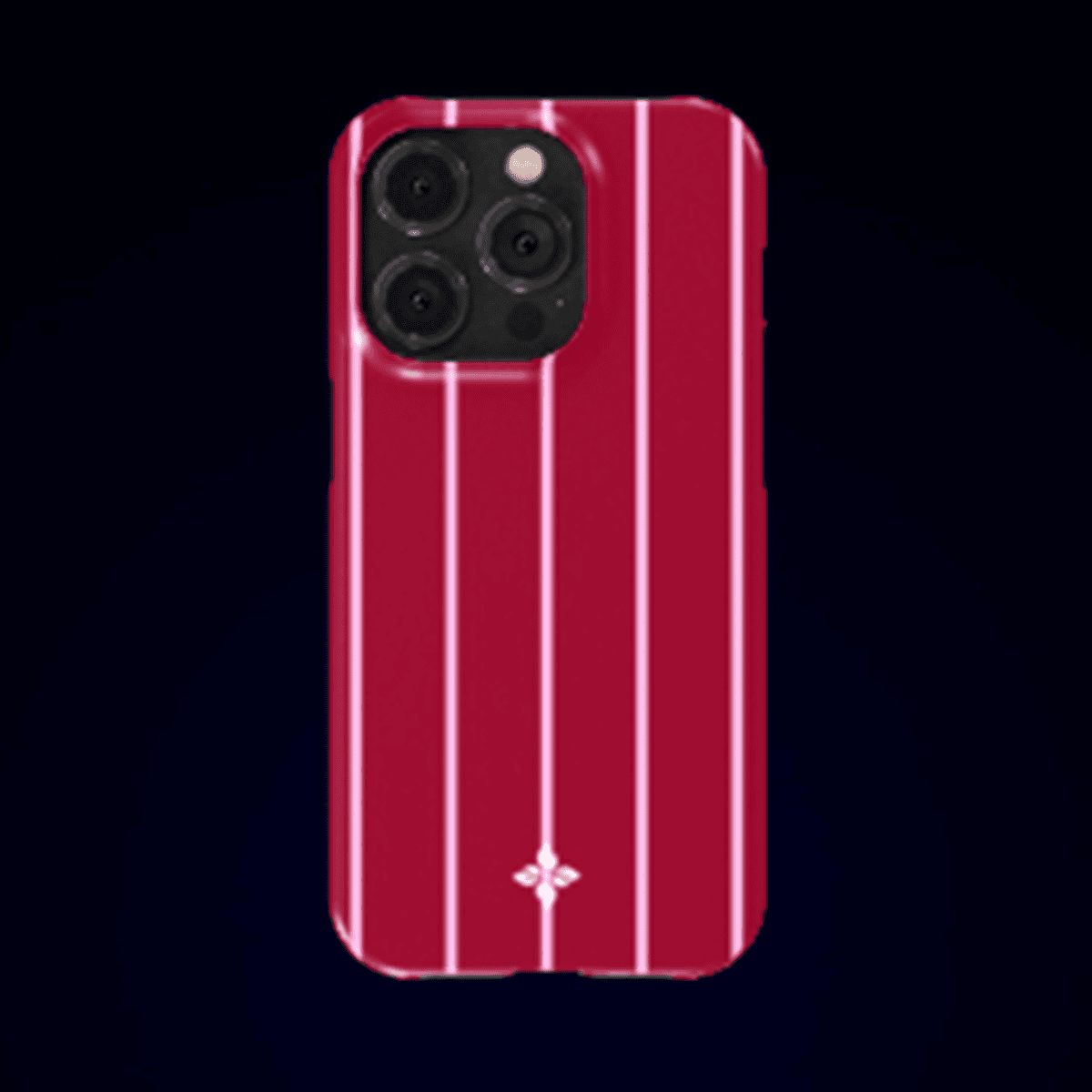 Stylish red iPhone 13 Pro with a pink vertical-striped protective case against a dark background.