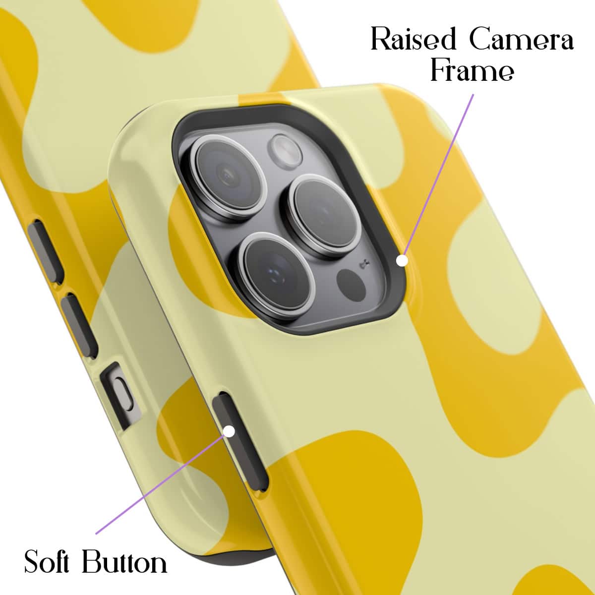 Yellow polka dot phone case with raised camera frame and soft buttons, designed for iPhone models. The vibrant design combines style and protection, perfect for social media photos and everyday use.