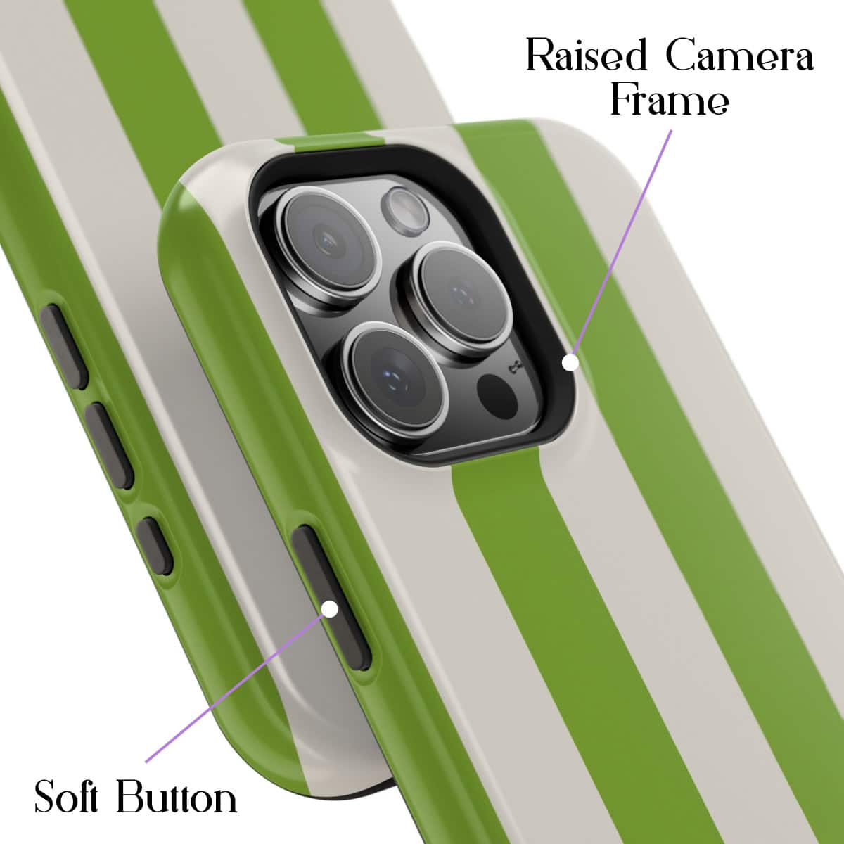 Raised camera frame on a stylish green and white striped smartphone with soft buttons for easy access and premium mobile photography.