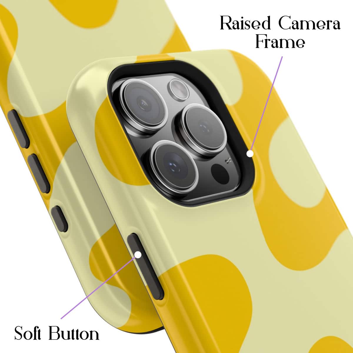 Yellow polka dot phone case with raised camera frame and soft buttons, designed for iPhone models, showcasing stylish and protective accessories for smartphones.