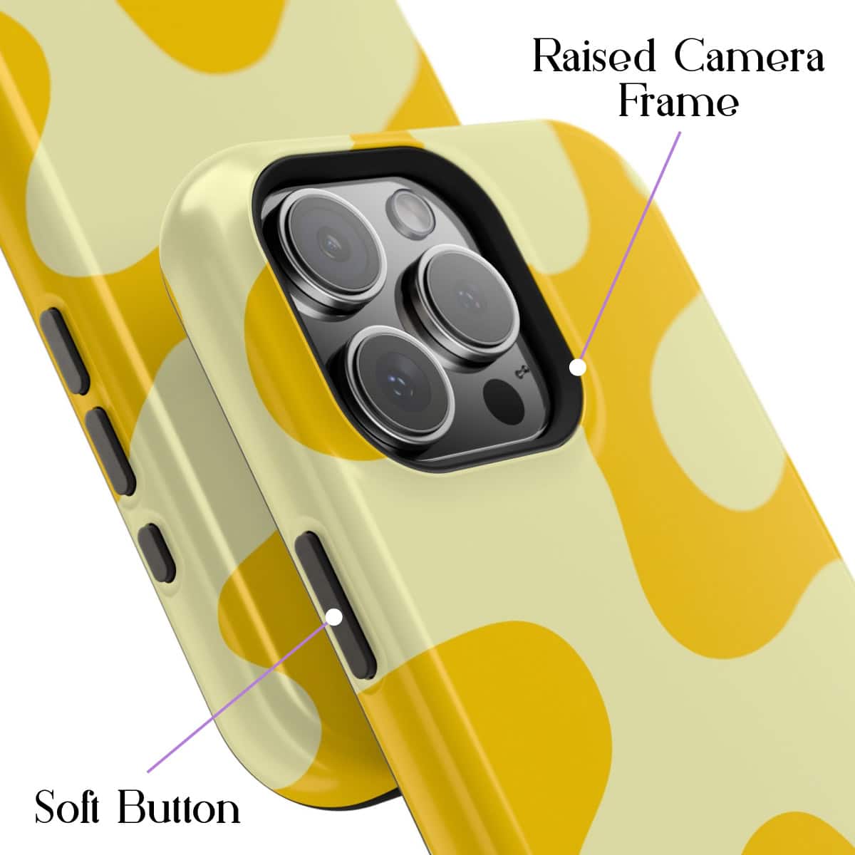 Vibrant yellow phone case with polka dot design, featuring a raised camera frame, soft buttons, and high-quality protection, ideal for stylish and durable smartphone accessories.