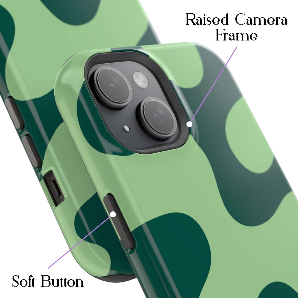 Vibrant green camouflage-patterned phone case designed for iPhone with raised camera frame and soft button for enhanced protection and style. Perfect for those seeking durable, eye-catching accessories.