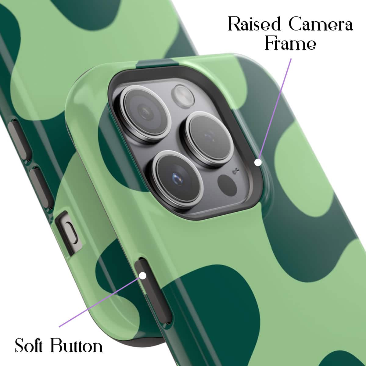 High-quality green camera phone case with raised camera frame and soft button, designed for durable protection and stylish appearance. Ideal for smartphone photography enthusiasts.