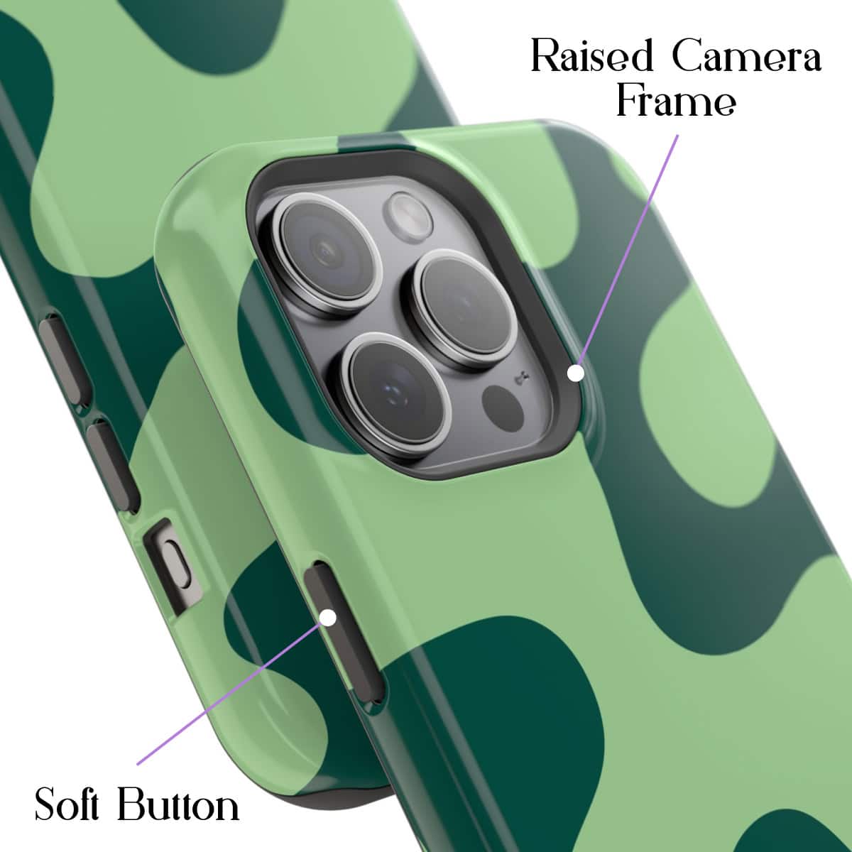 Vibrant green polka dot phone case with raised camera frame and soft buttons, designed for stylish protection and easy access, perfect for enhancing your smartphone's look and functionality.