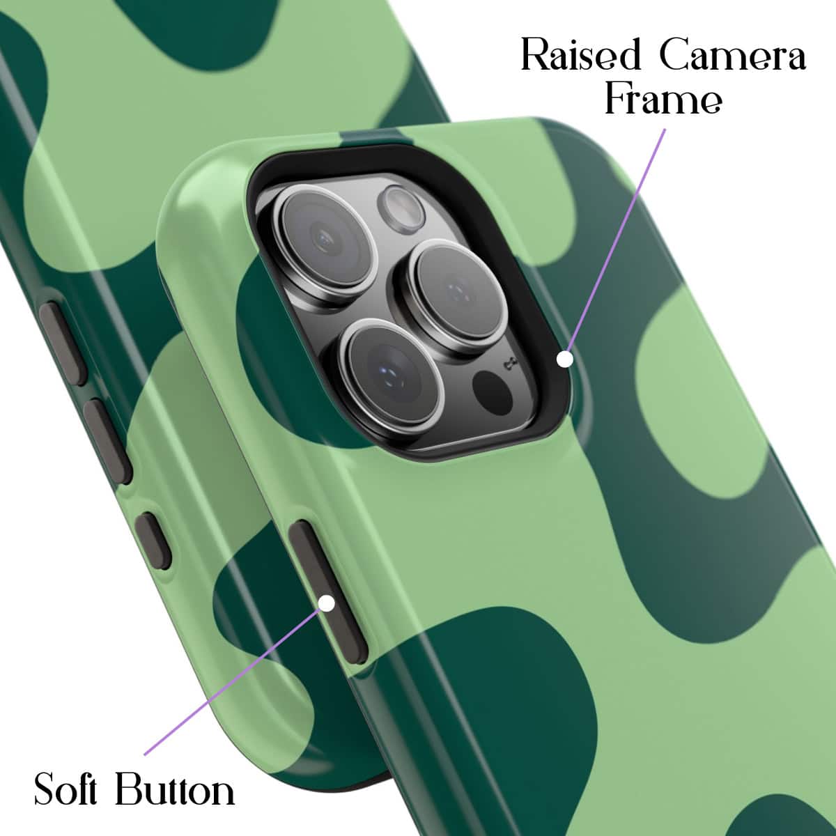 Camera lens and raised camera frame on a stylish green polka dot phone case, showcasing premium phone accessories from Florayn.