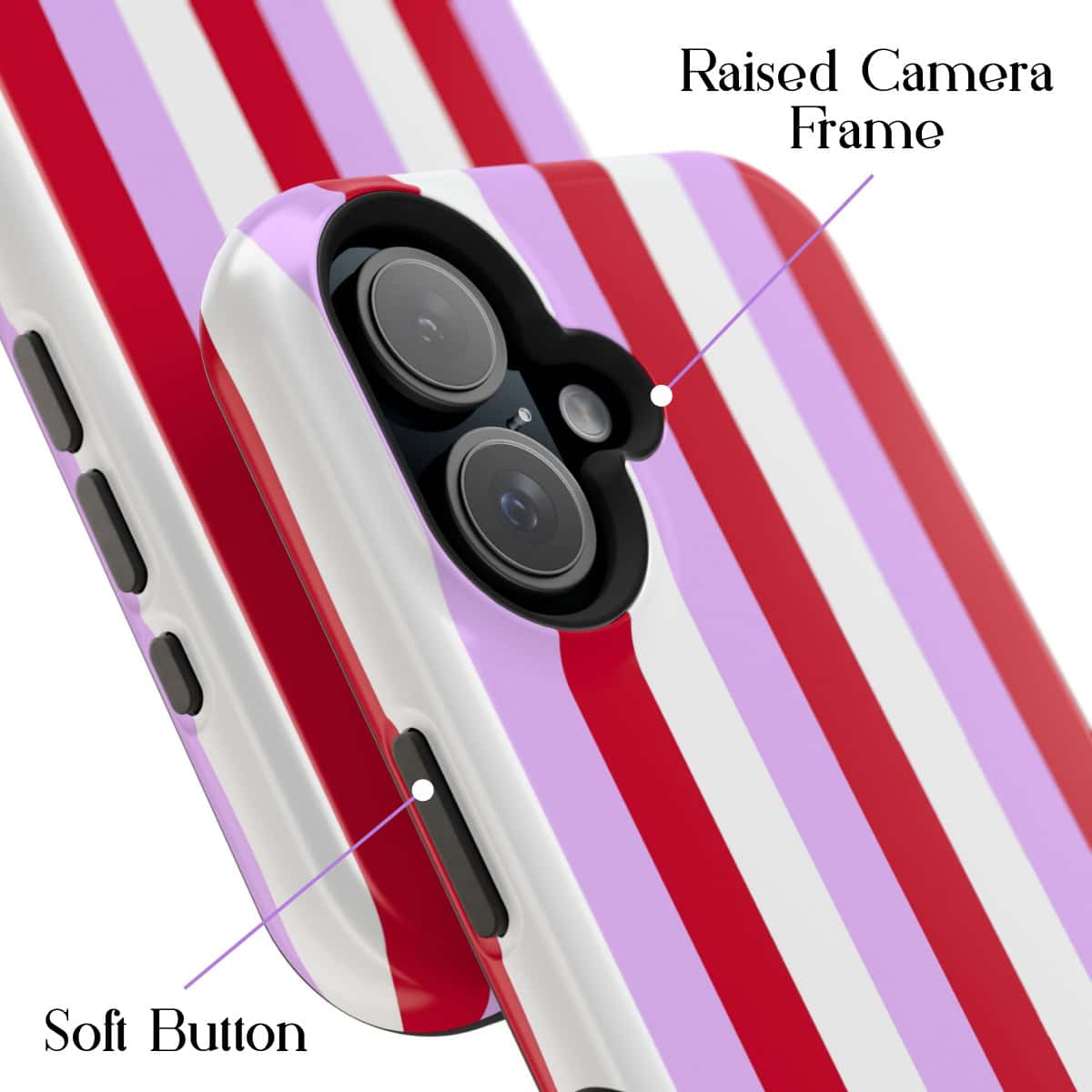 Bright colorful striped phone case with a raised camera frame and soft buttons, perfect for protecting and accessorizing your smartphone.