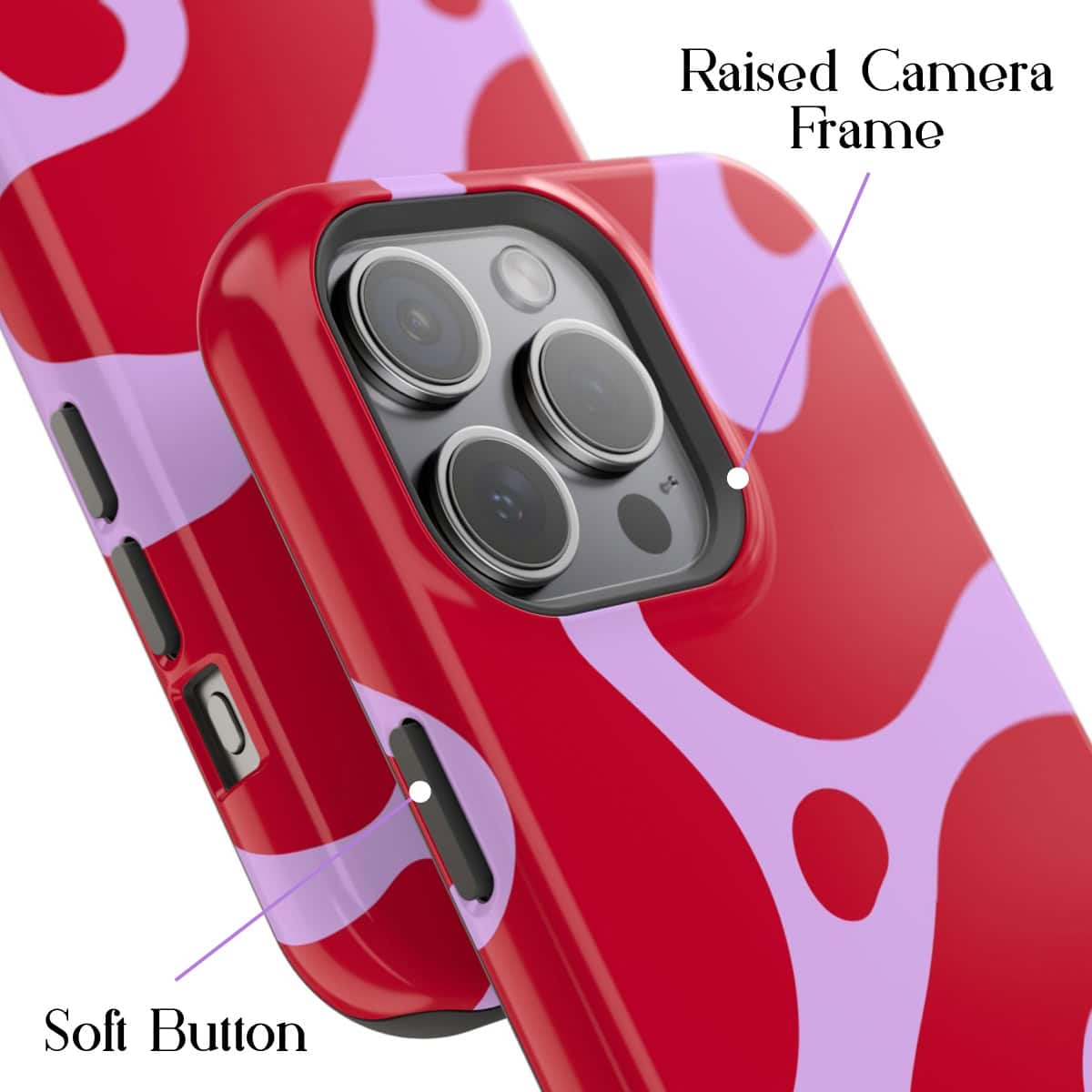 Premium smartphone with raised camera frame and vibrant red and purple abstract patterned case. Features multiple high-quality camera lenses, soft buttons, and a sleek, modern design for photography enthusiasts.