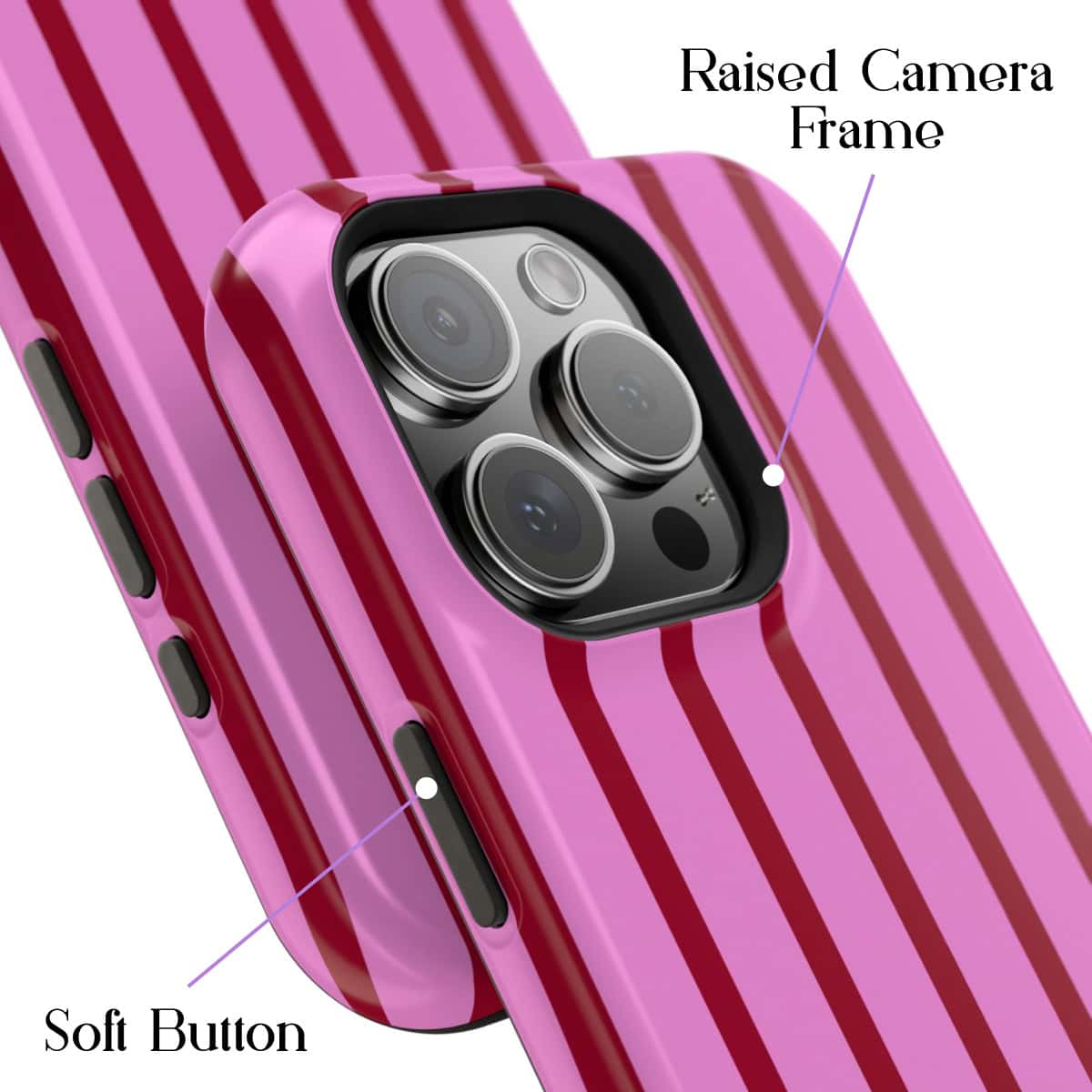 Elegant pink and red striped phone case with raised camera frame for protection and style. Designed for smartphones with multiple camera lenses, featuring soft, durable material and easy access to side buttons.