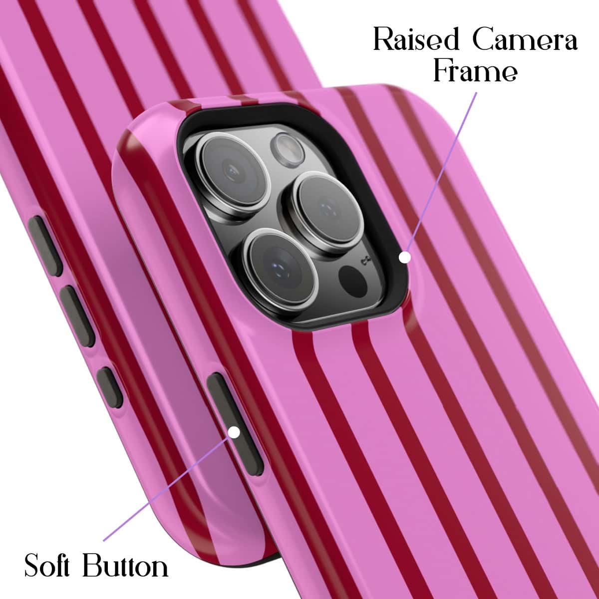 Raised camera frame smartphone with striped pink and red protective case, featuring soft buttons for easy tactile response on the side, blending style and functionality.