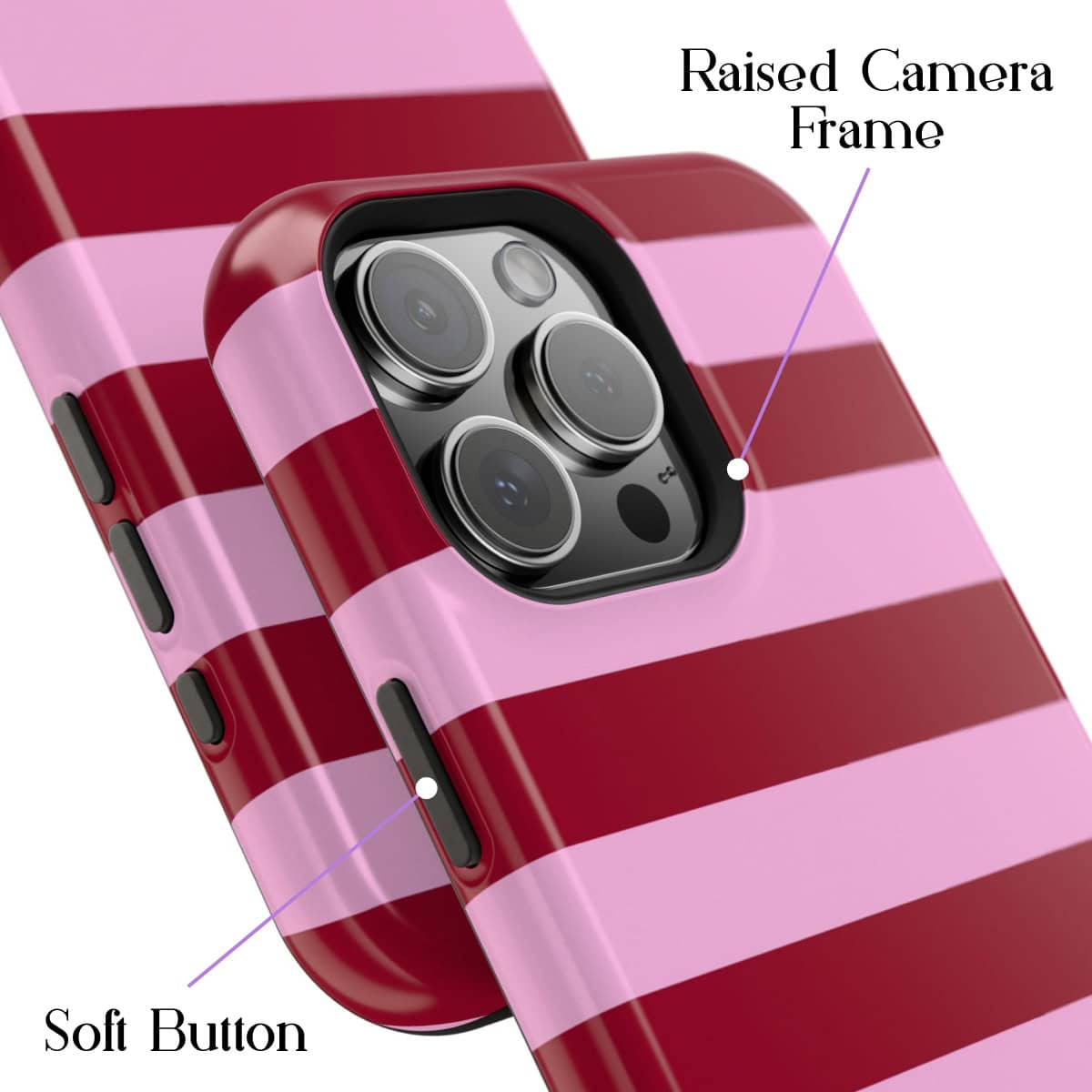 Bright pink and red striped phone case with raised camera frame, soft buttons, and camera lenses, designed for stylish protection and easy access. Perfect for enhancing your iPhone's appearance and functionality.