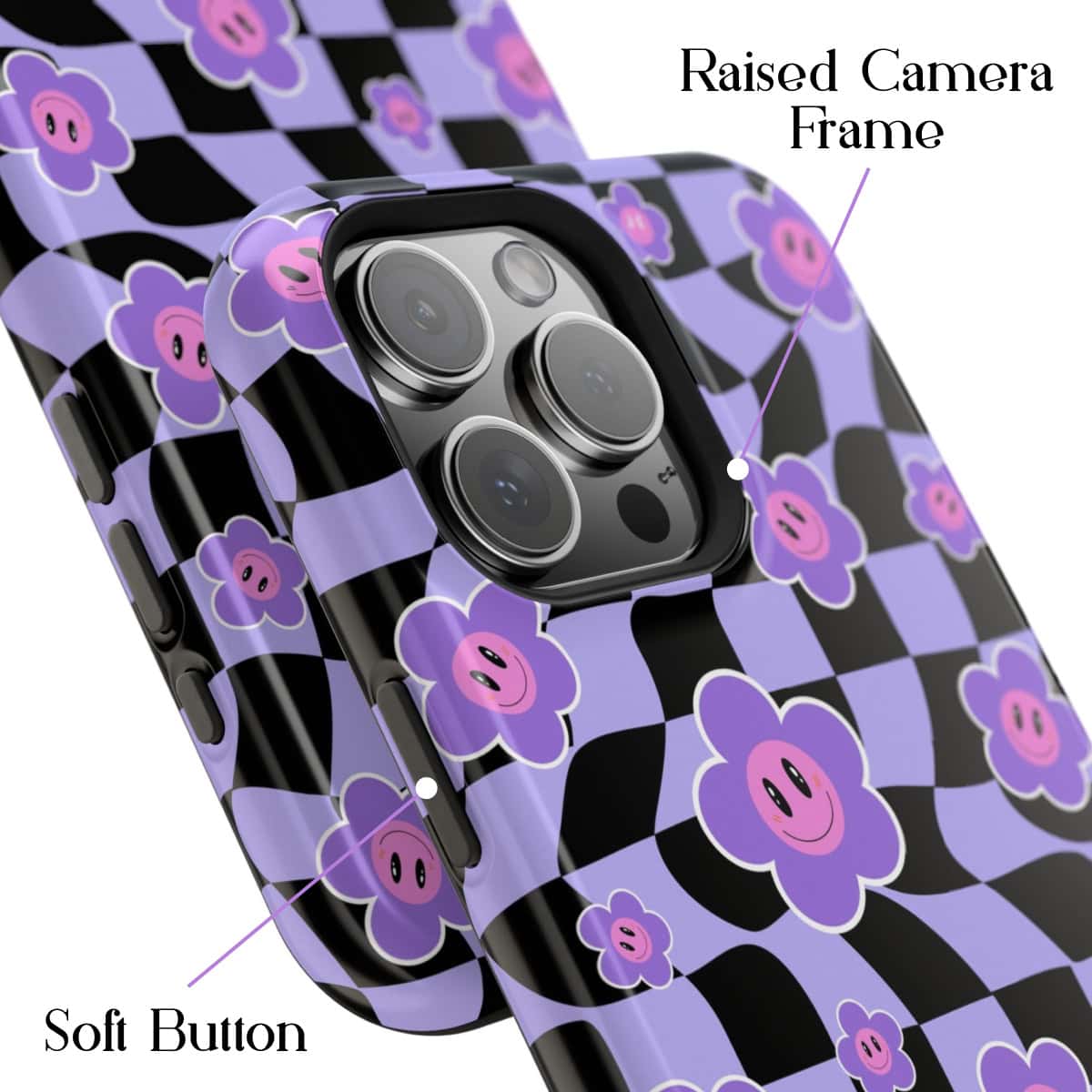 Purple floral patterned iPhone case with raised camera frame and soft button details, designed for stylish phone protection and aesthetics.