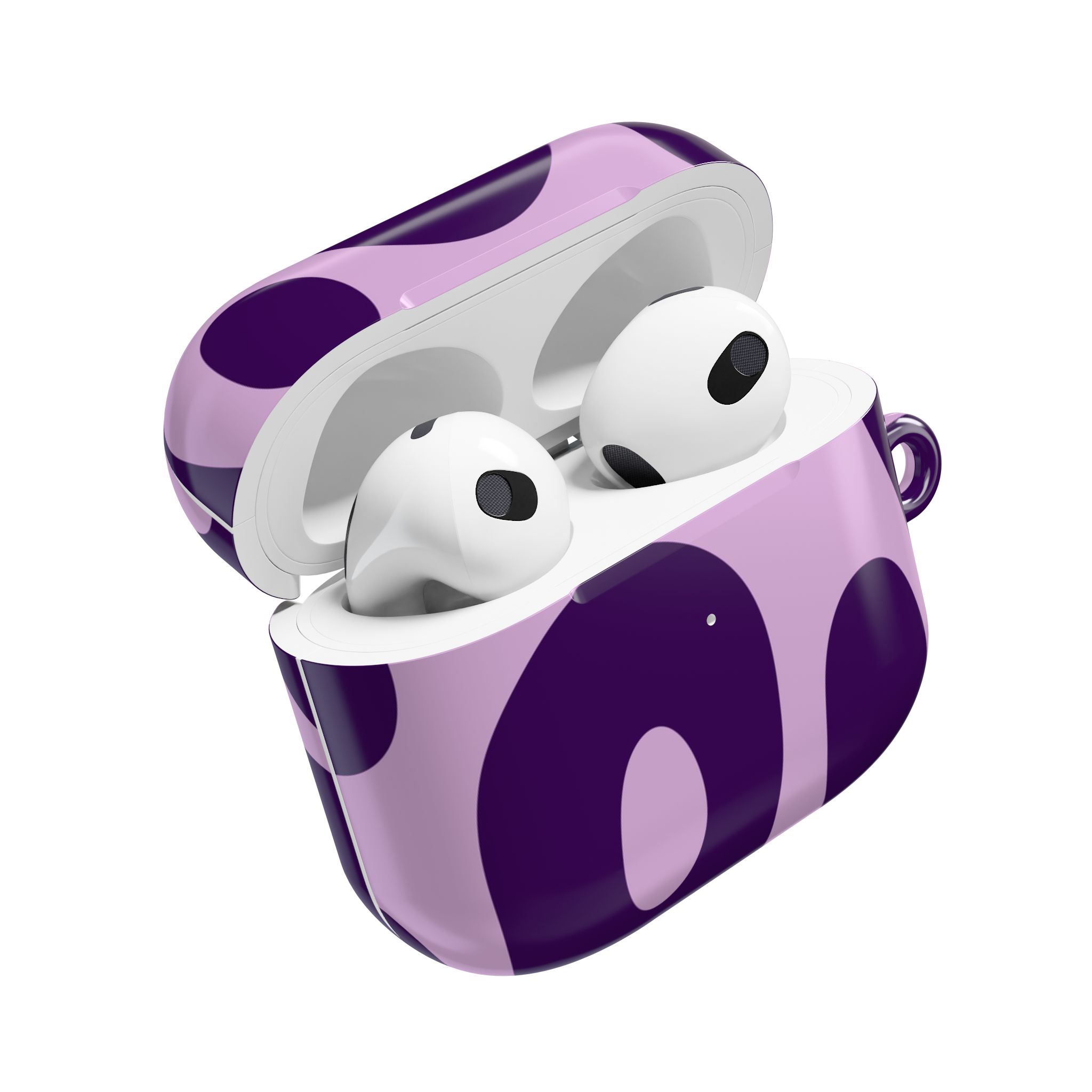 Wireless earbuds in a playful purple and black cow print case, perfect for stylish audio accessories.