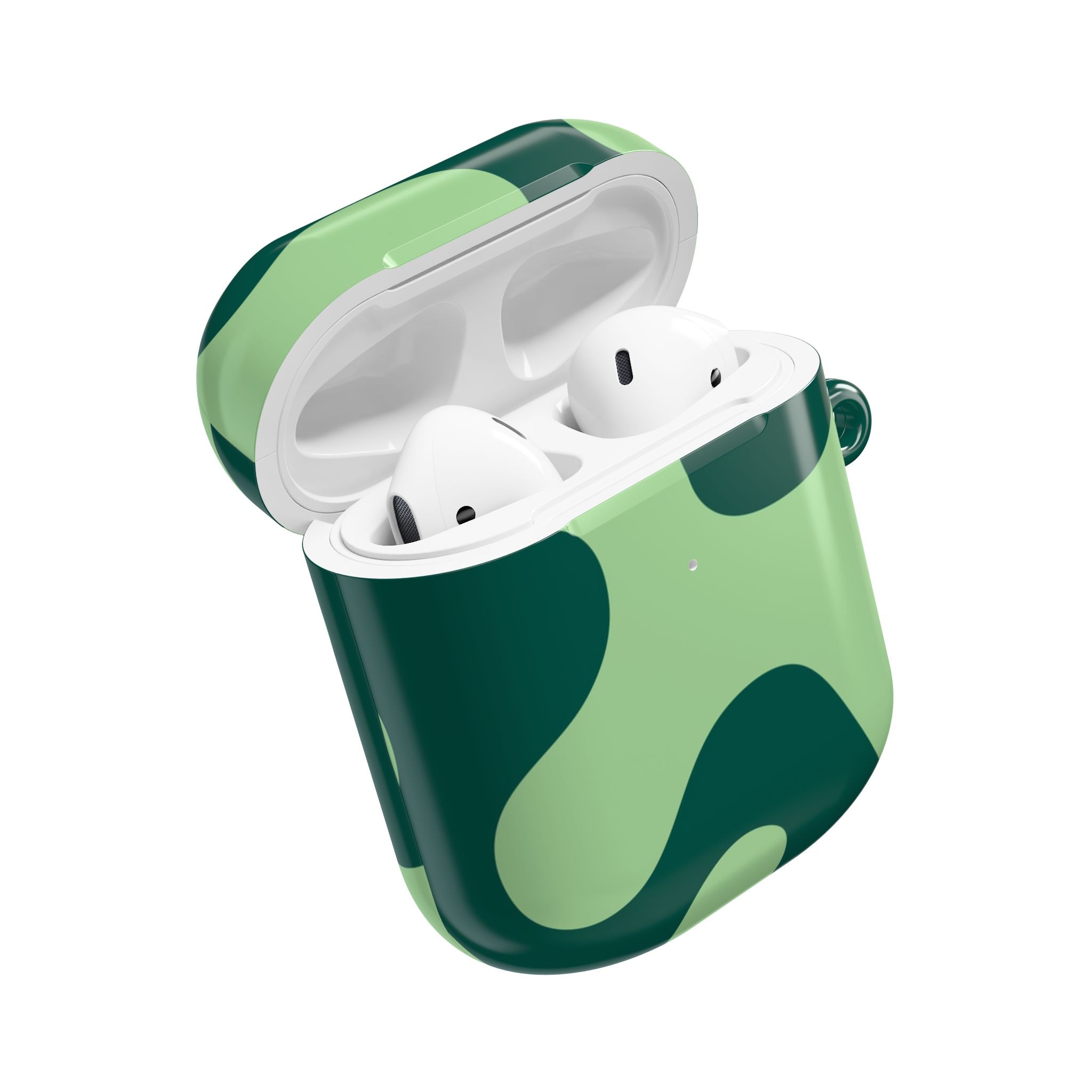 Wireless earbuds with camouflage-patterned charging case, modern audio tech, stylish and portable, perfect for on-the-go listening, sleek design with white earbuds inside, high-quality sound.