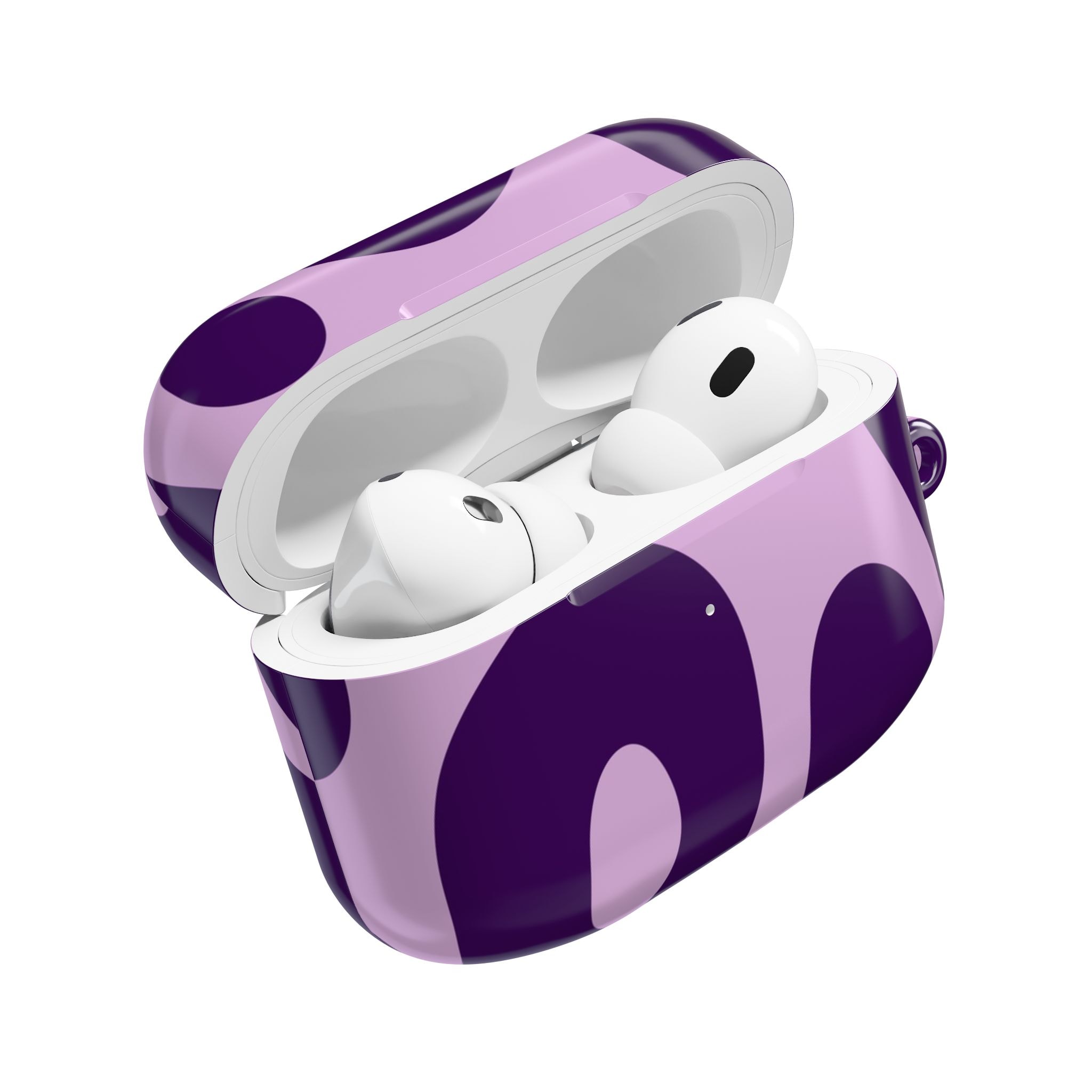 Wireless earbuds in a purple and black patterned case, designed for stylish audio experience. Perfect for on-the-go listening with modern, sleek design.