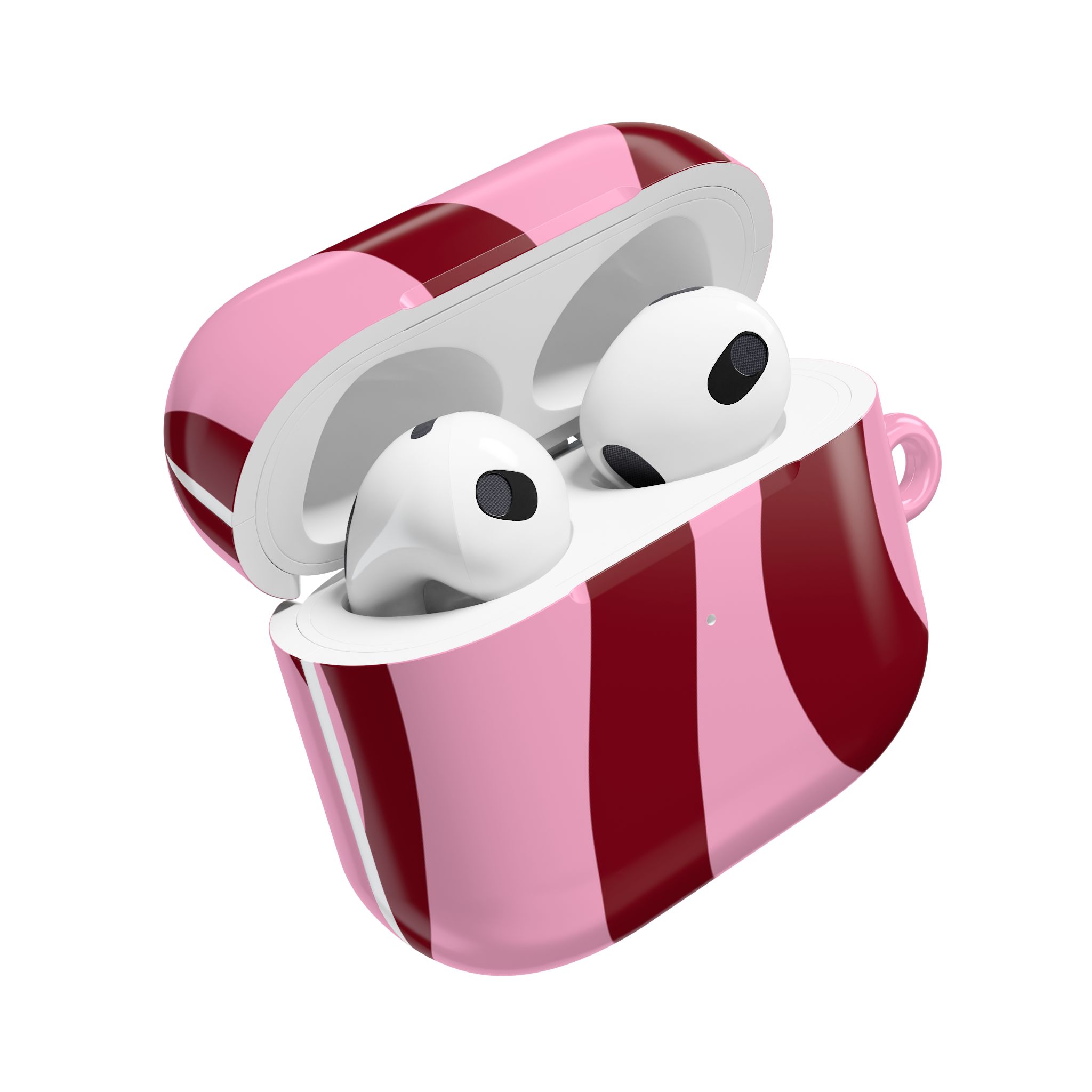 Wireless earbuds in a pink and red striped charging case, stylish and portable, perfect for on-the-go music and calls.