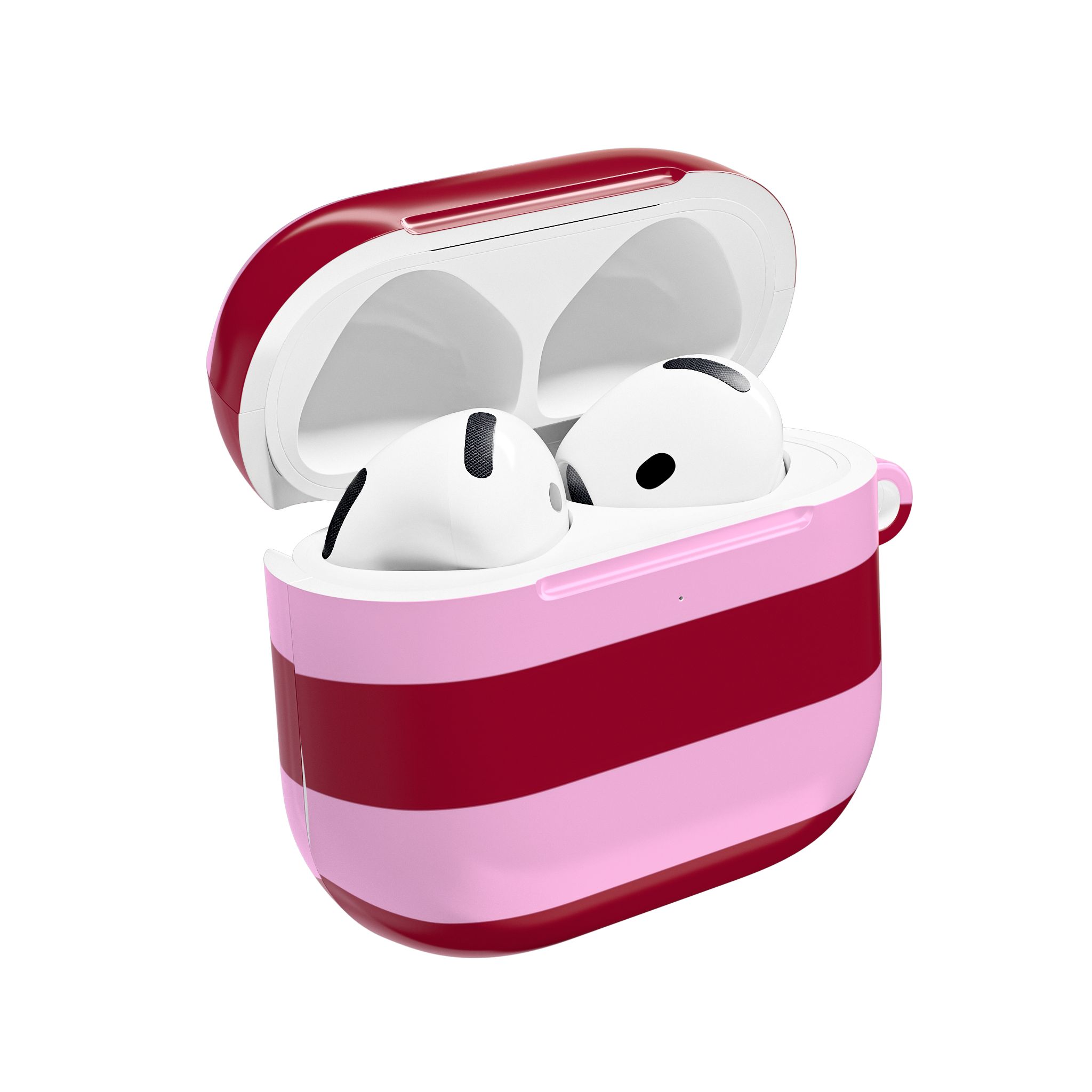 Wireless earbuds in a pink and red striped case, modern and stylish audio accessories, perfect for on-the-go music lovers and tech enthusiasts.