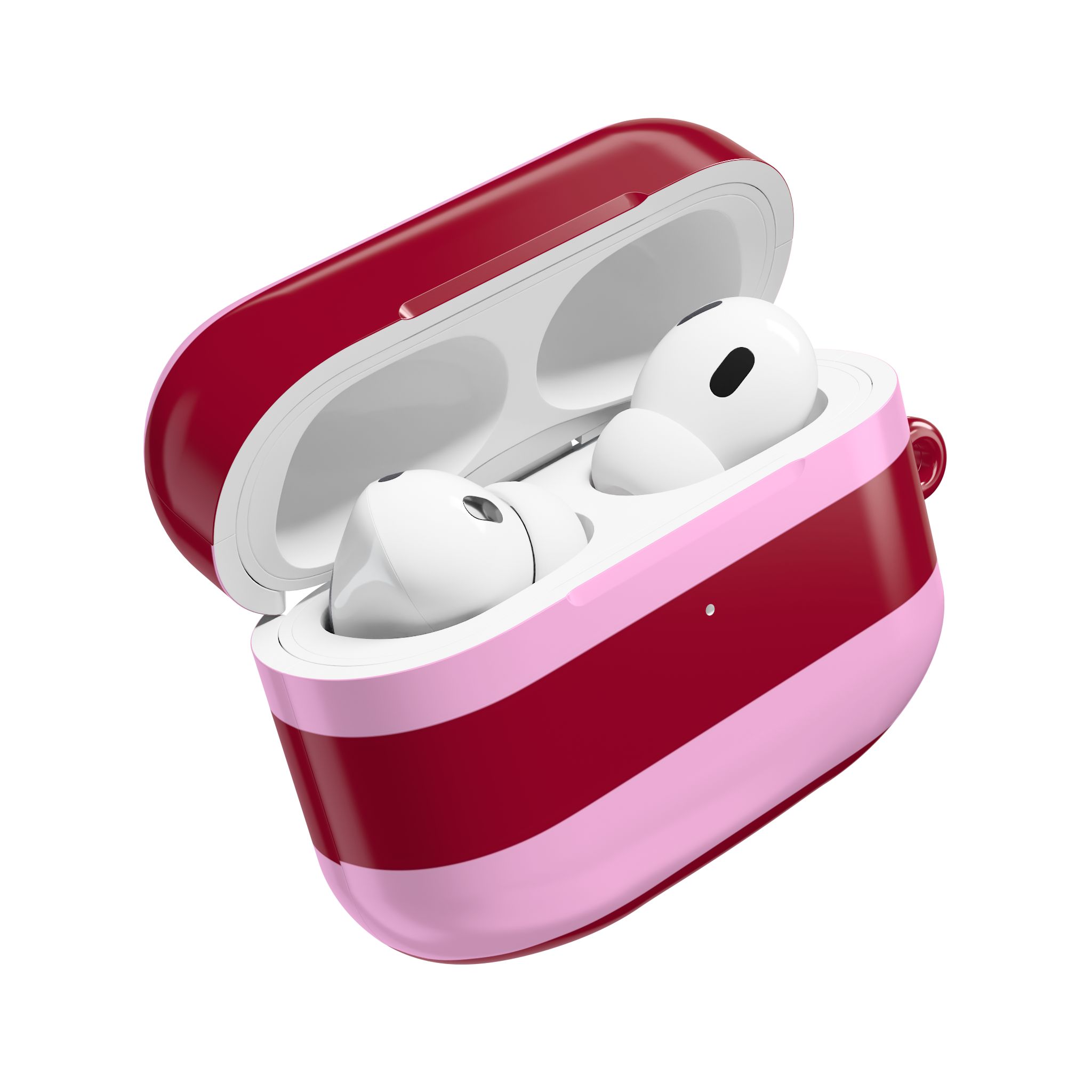 Wireless earbuds in a pink and red charging case, featuring sleek, modern design perfect for everyday use and portable, high-quality audio experiences.