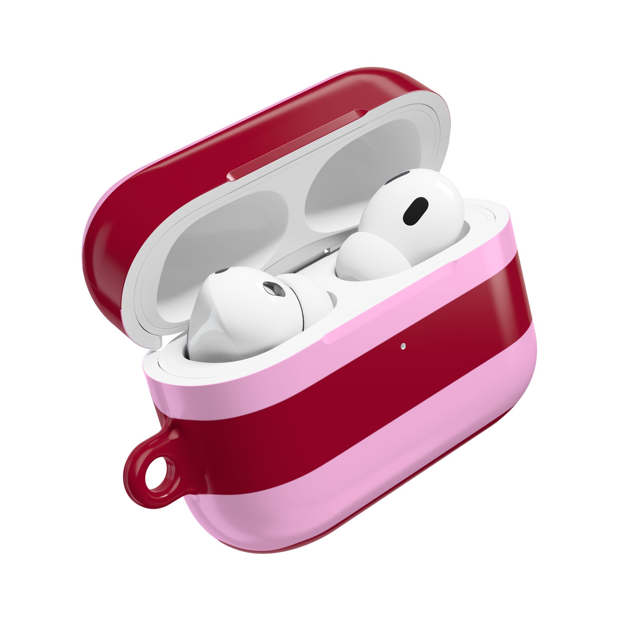 Wireless earbuds in a pink and red charging case with a modern, stylish design. Perfect for high-quality sound and portable use.