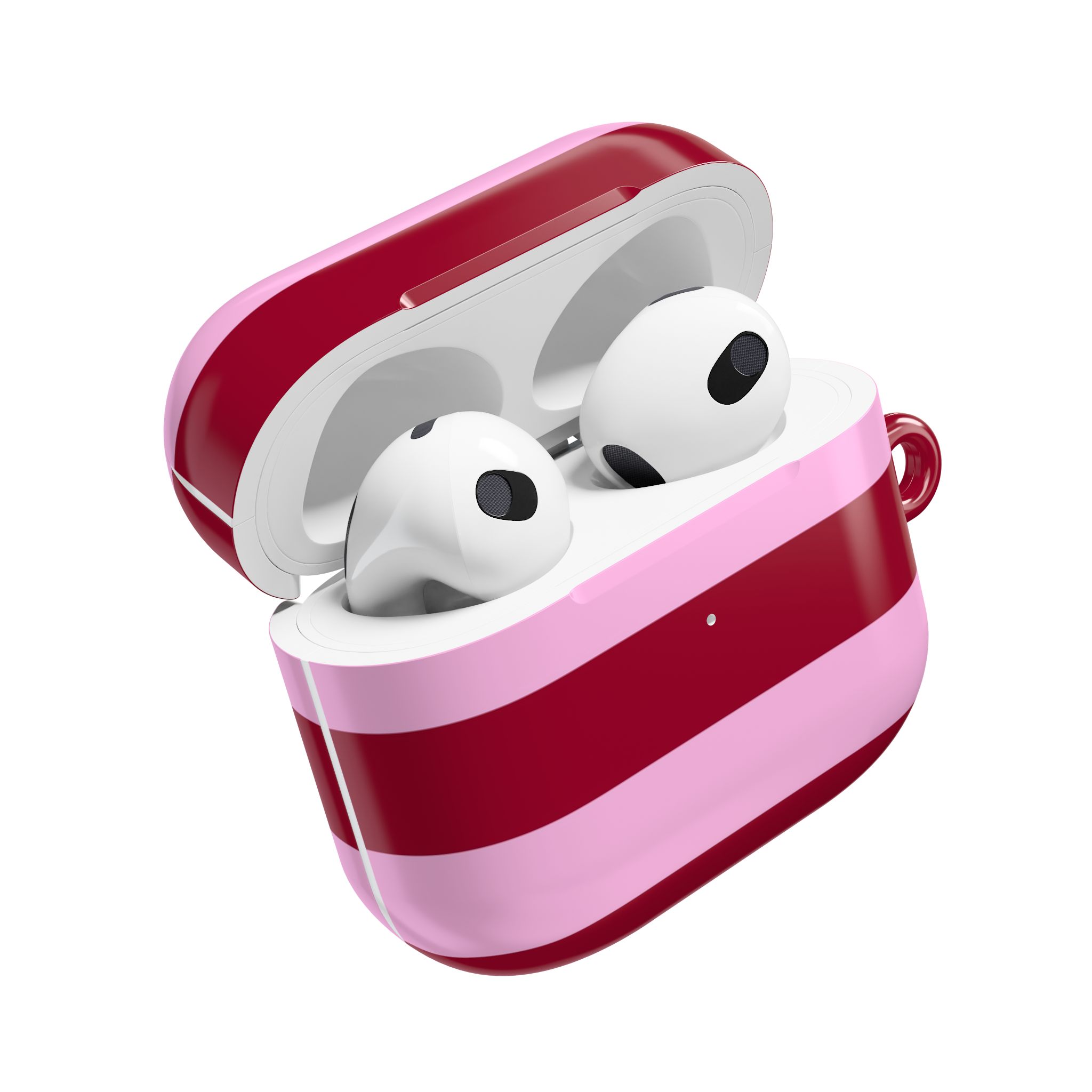 Wireless earbuds in a pink and red striped charging case with a sleek modern design.