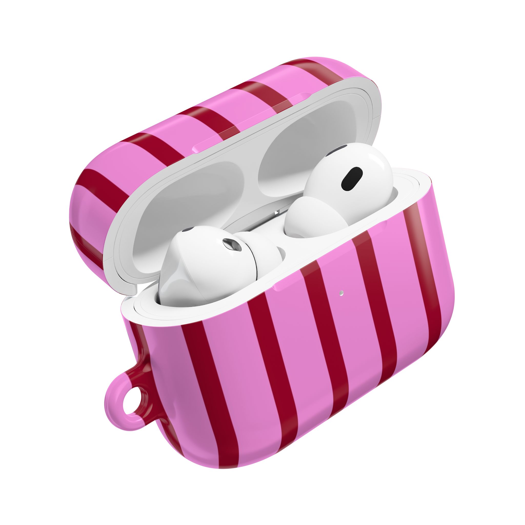 Wireless earbuds in a pink and red striped case, designed for stylish audio experience, portable and perfect for on-the-go listening.