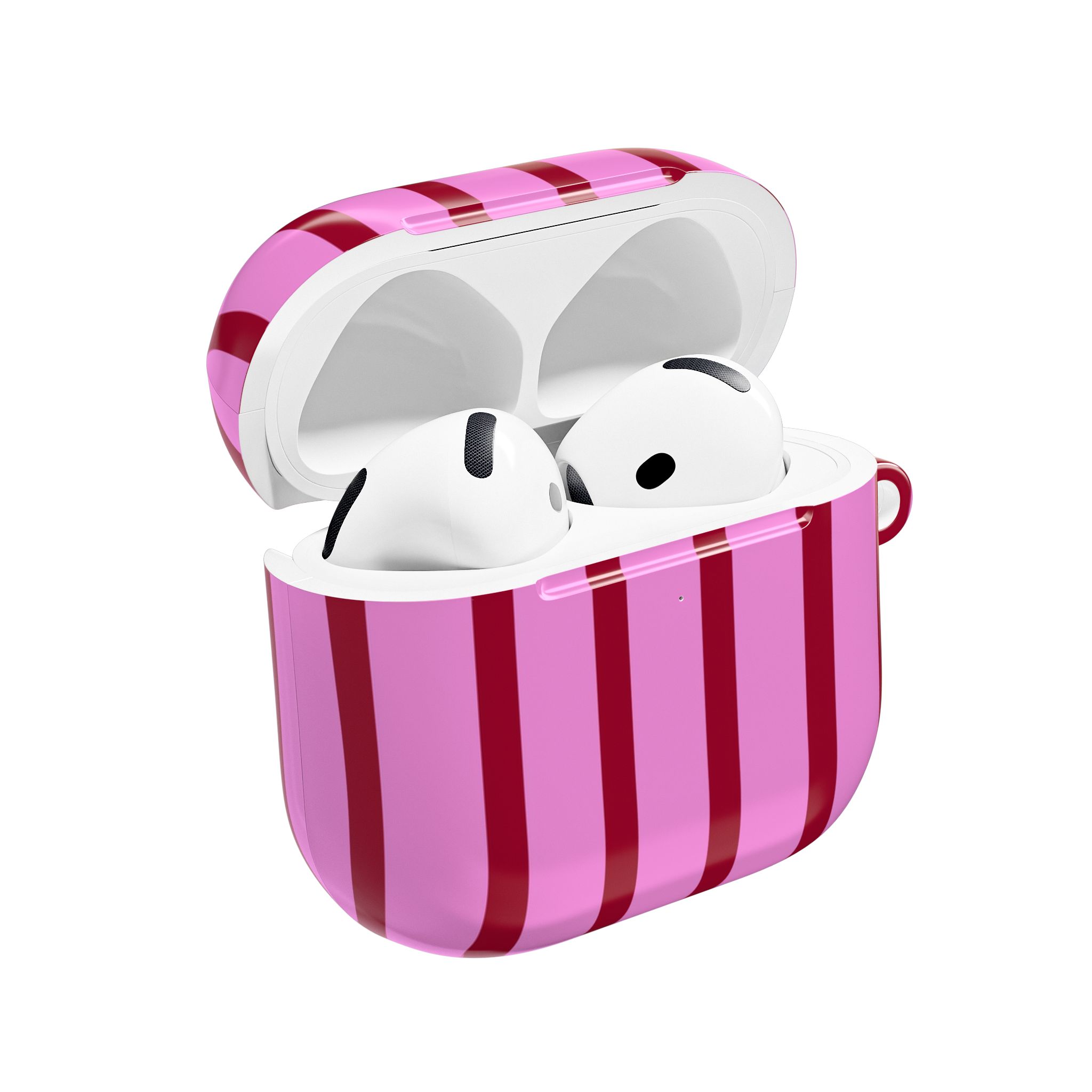 Wireless earbuds in a pink striped case, stylish and compact, designed for high-quality sound and comfort, ideal for daily use and on-the-go listening.