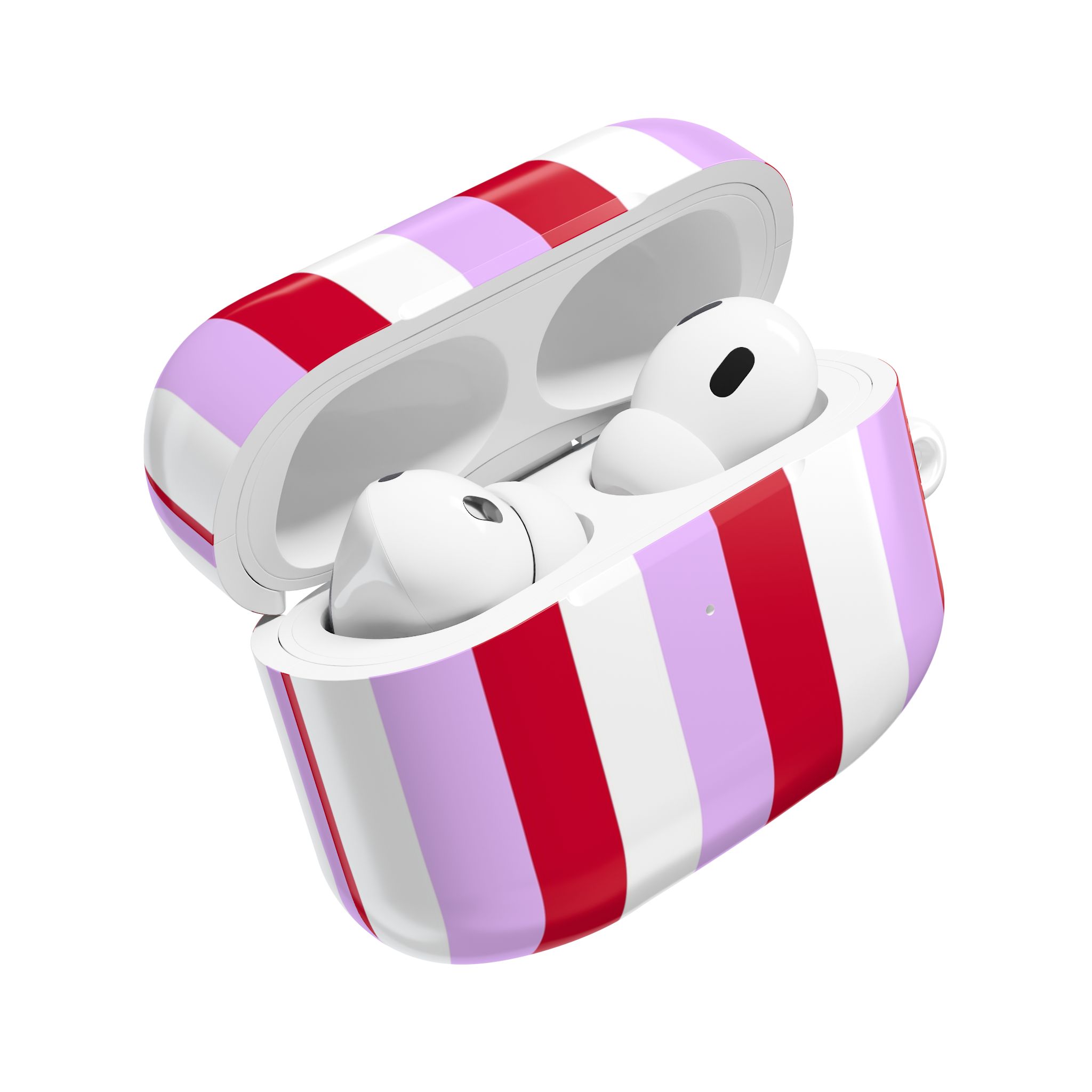 Wireless earbuds in a colorful striped charging case with red, white, and lavender accents, designed for high-quality sound and convenience, perfect for on-the-go listening.