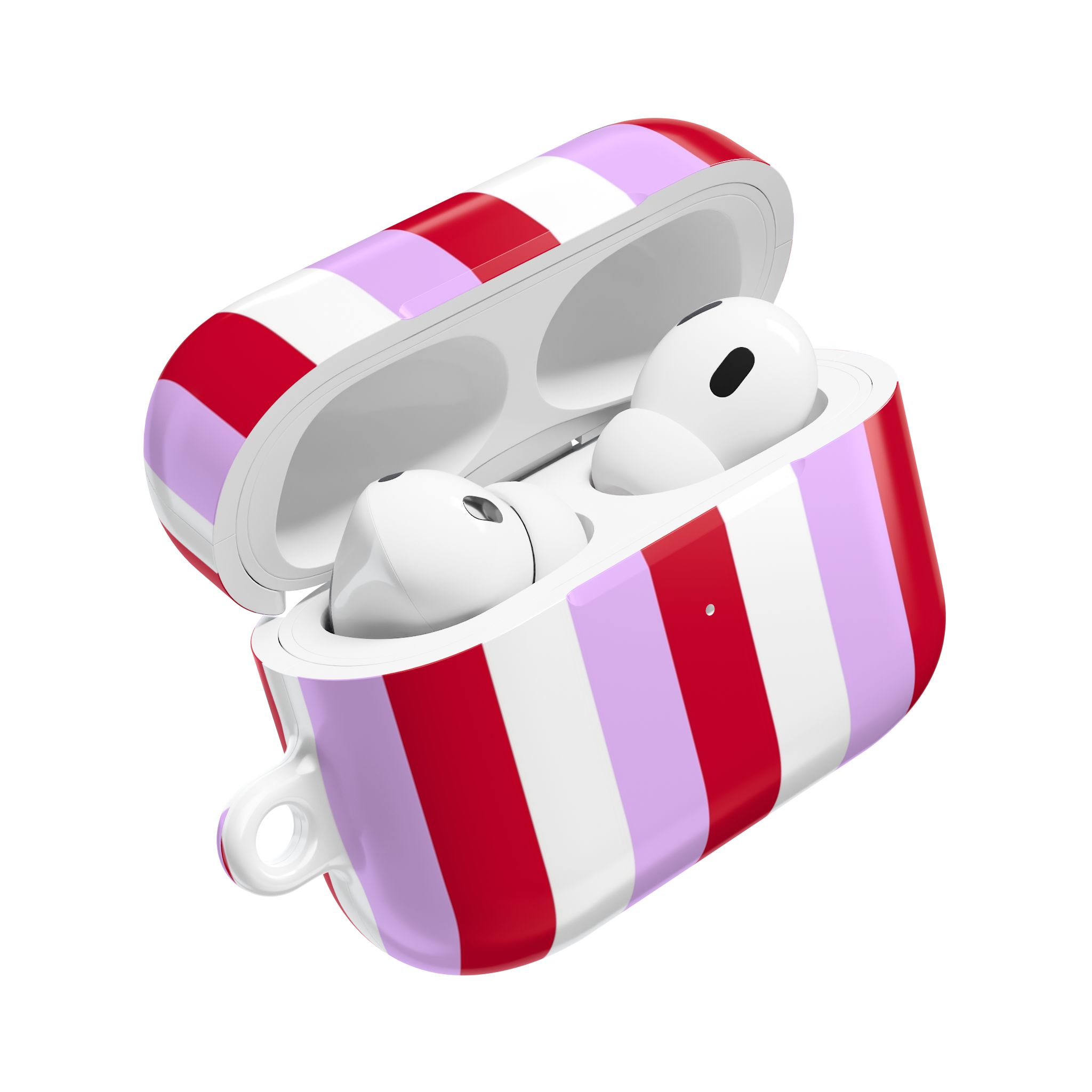 Wireless earbuds in a striped case with red, white, and purple colors.