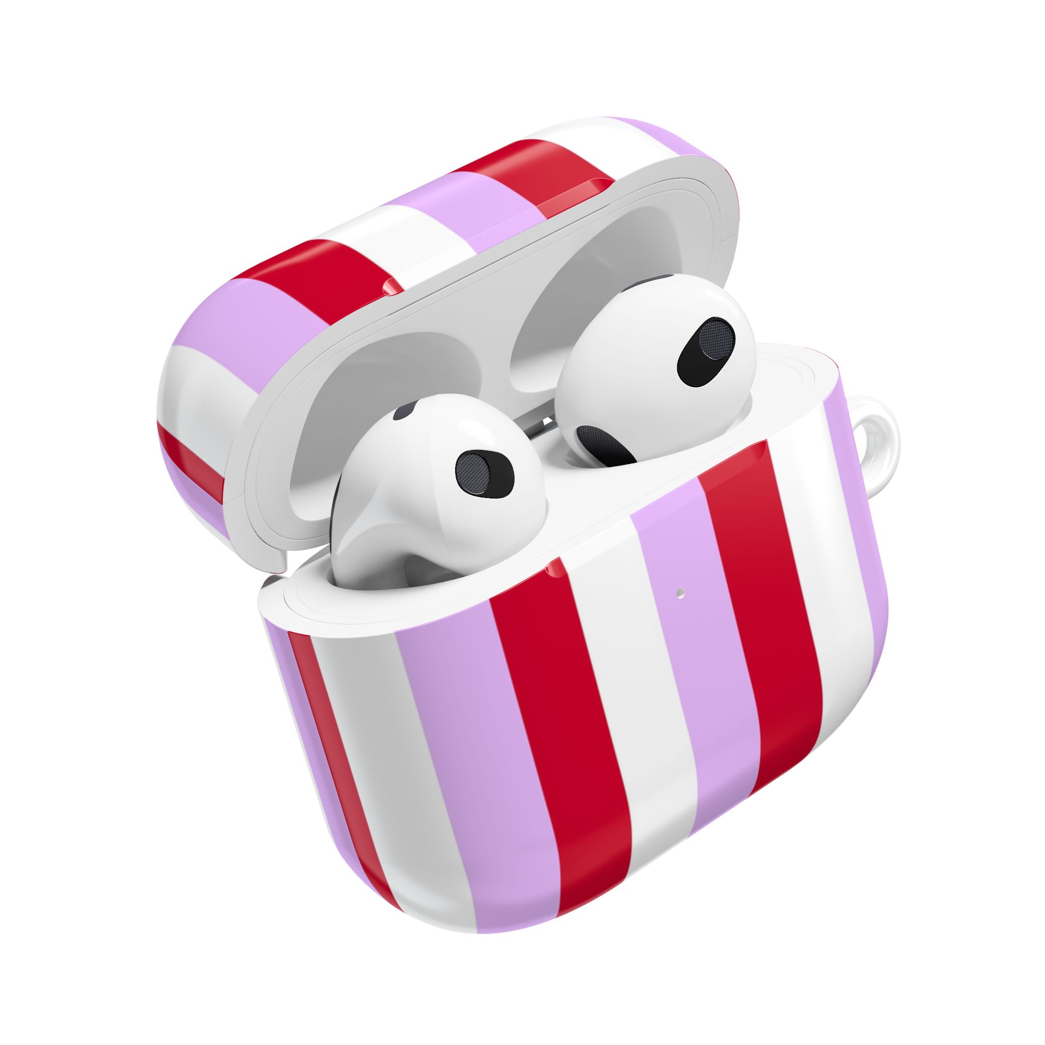 Wireless earbuds with striped case featuring red, white, and purple colors, designed for stylish audio experience and portability.