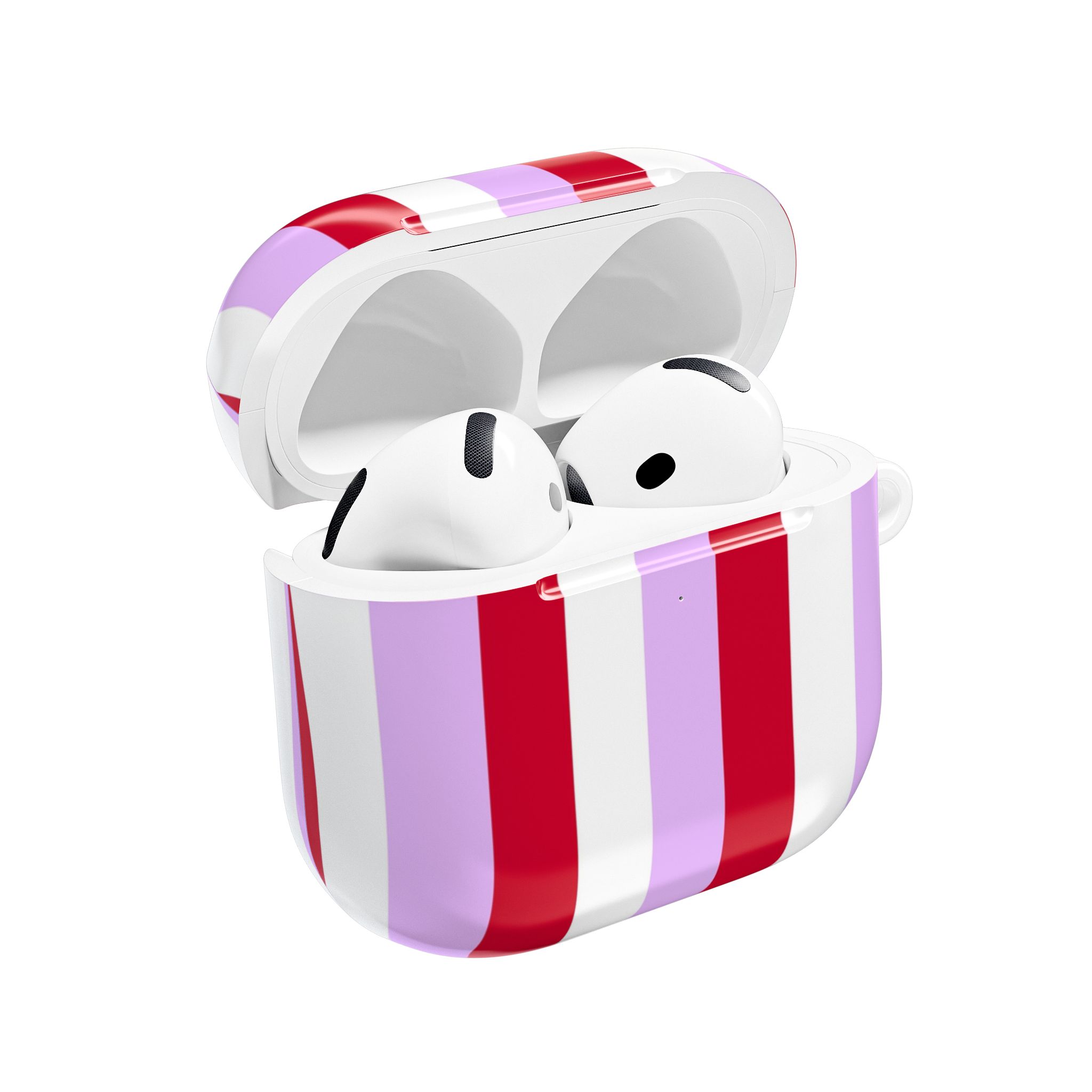 Wireless earbuds in a colorful striped protective case with purple, red, and white hues, ideal for audio and tech accessories.