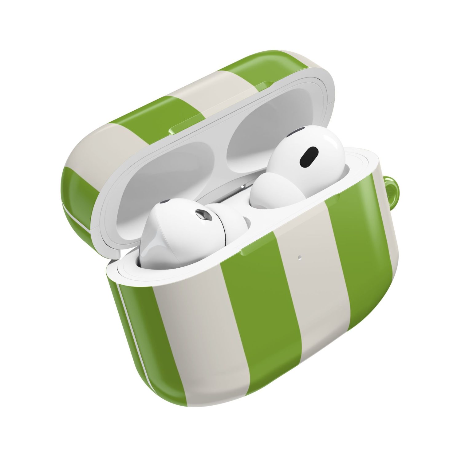 Wireless earbuds in a matching green and white striped charging case, designed for premium sound quality and wireless convenience. Perfect for daily music, calls, and on-the-go listening.