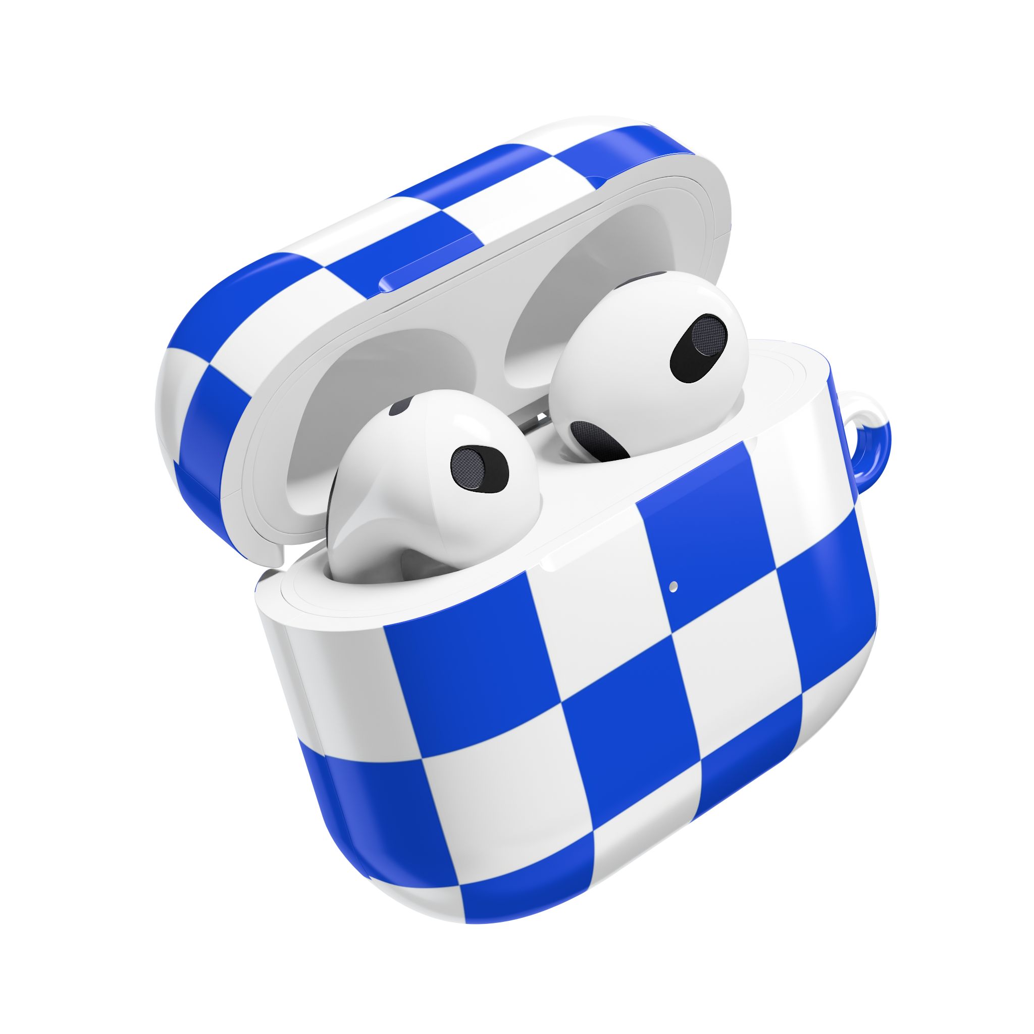 Wireless earbuds in a blue and white checkered charging case with an open lid.