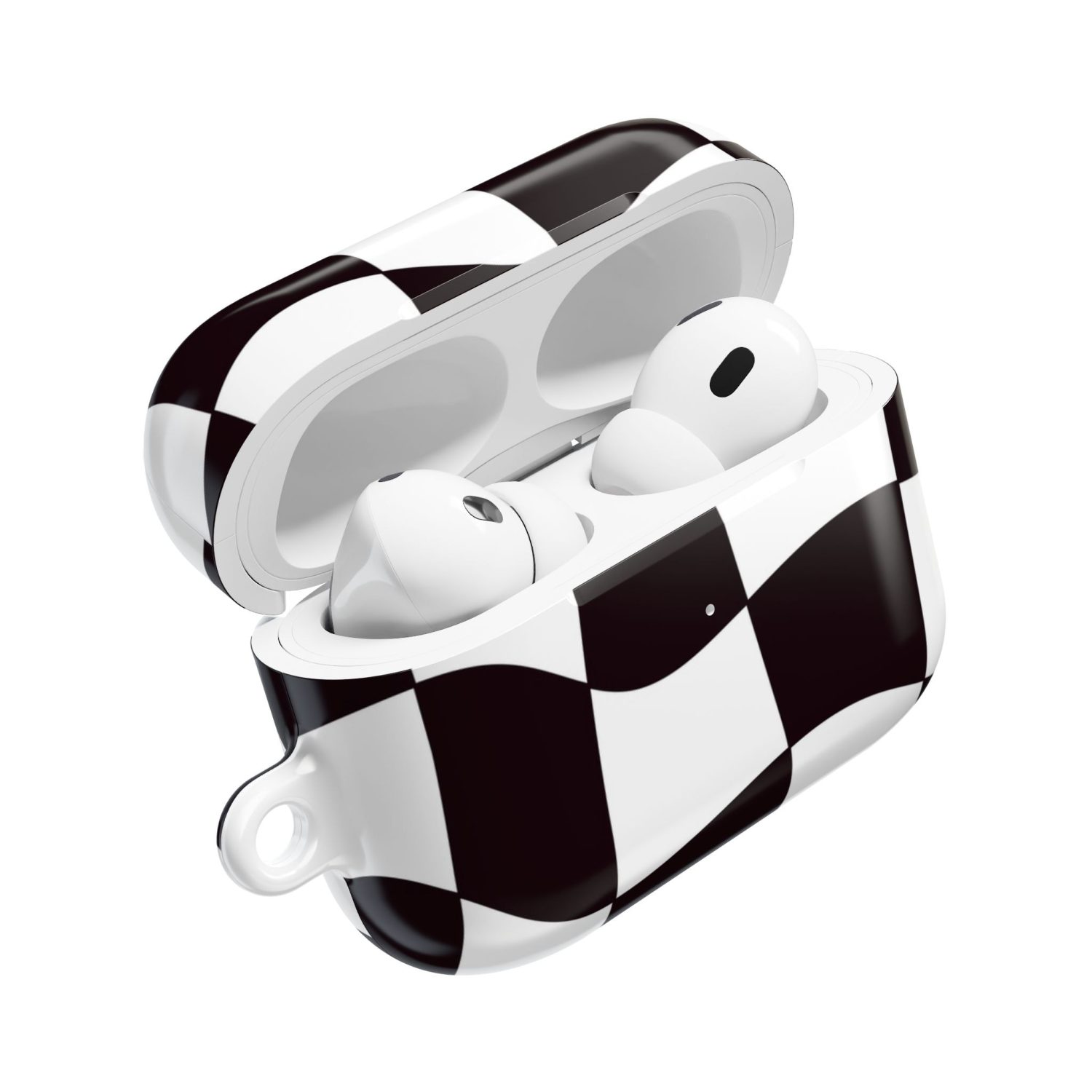 Wireless earbuds with a black and white checkered charging case, sleek design, high-quality audio, and portable convenience for music lovers.