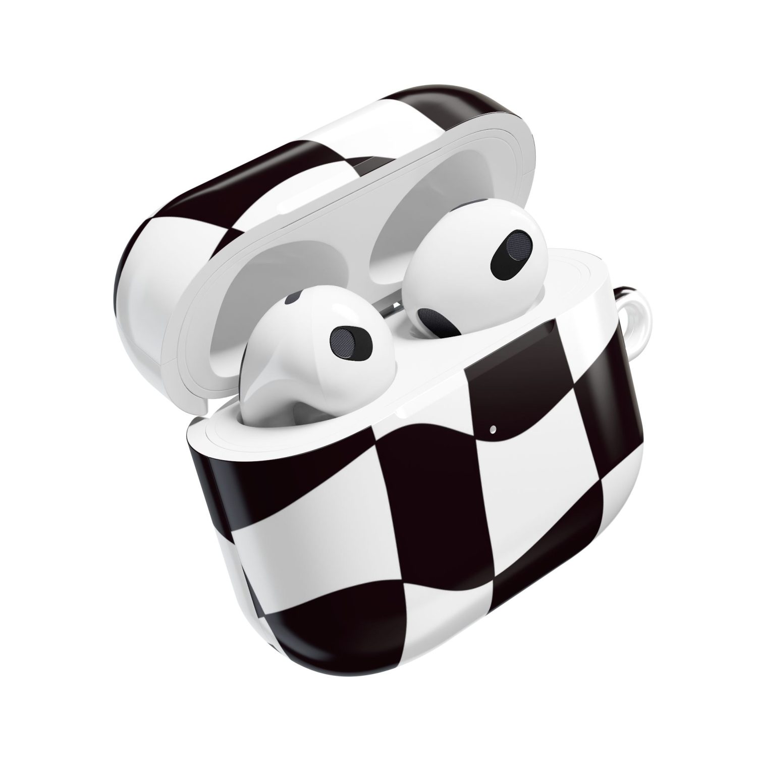 Wireless earbuds in a checkered black and white case, stylish and modern audio accessories.