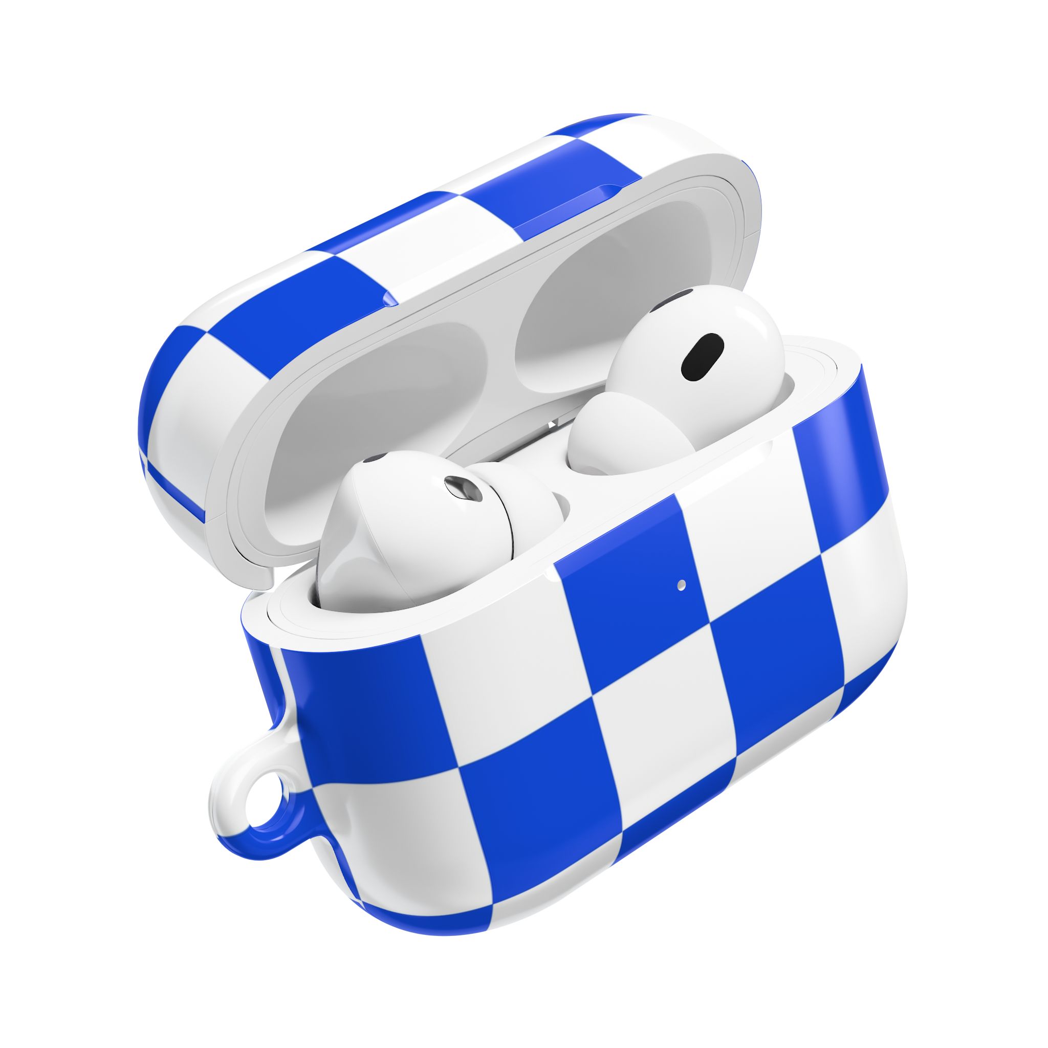 Wireless earbuds in a white and blue checkered charging case, modern portable audio accessories for high-quality sound.