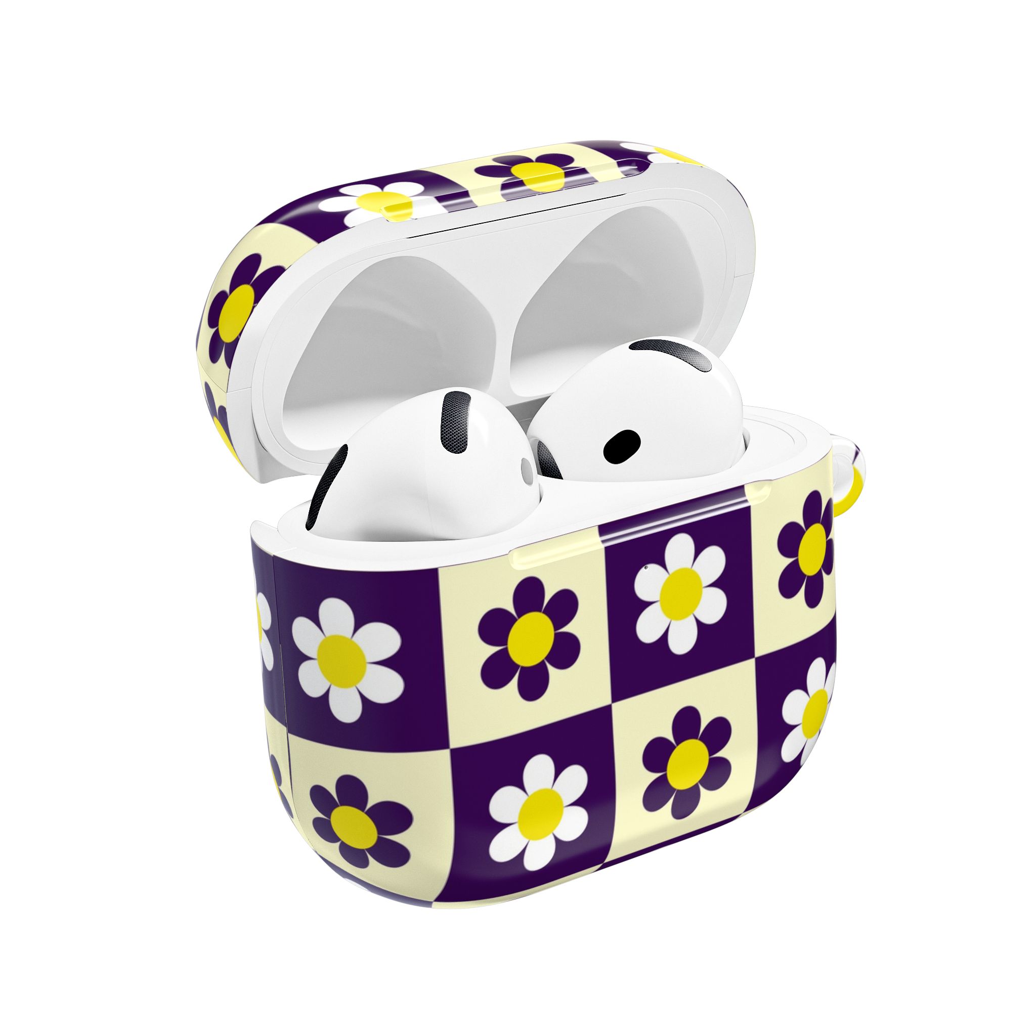 Colorful floral-patterned AirPods case with wireless earbuds inside, designed by Florayn for stylish protection and personalization.